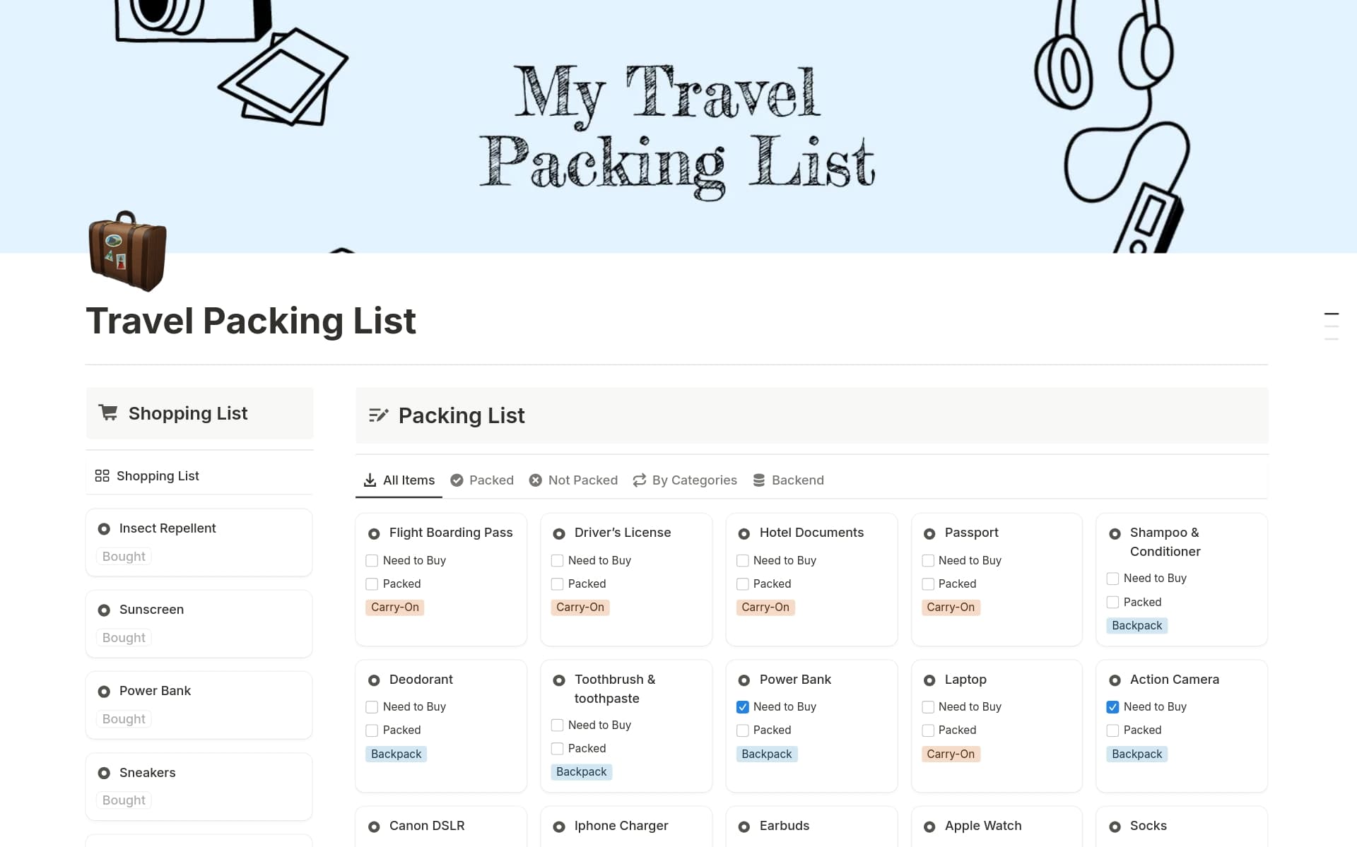 A template preview for Travel Packing List