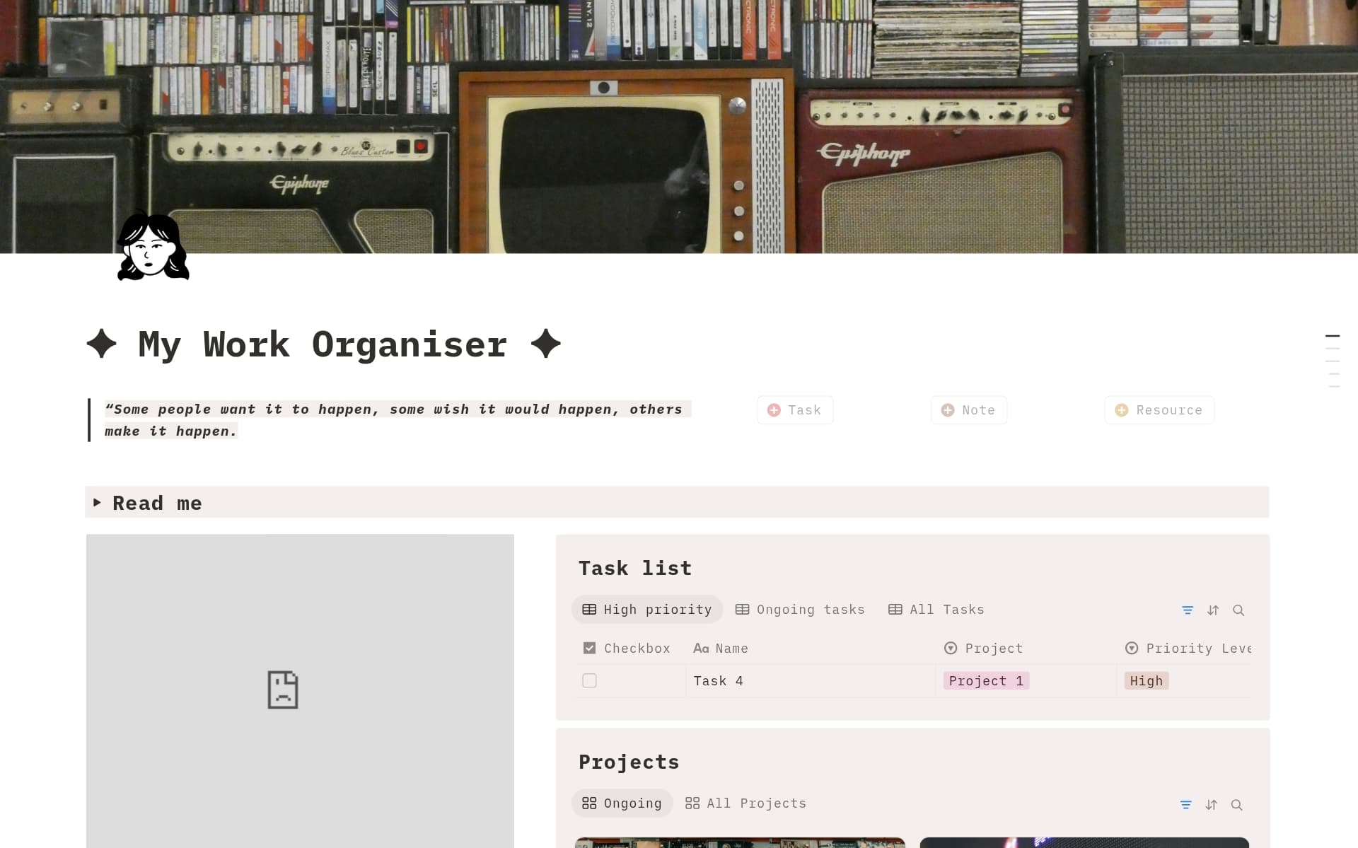 A aesthetic productivity dashboard designed to help manage tasks, notes, and resources efficiently. Useful for professionals that deal with multiple projects and wish to track and record information related to them in a organised space.