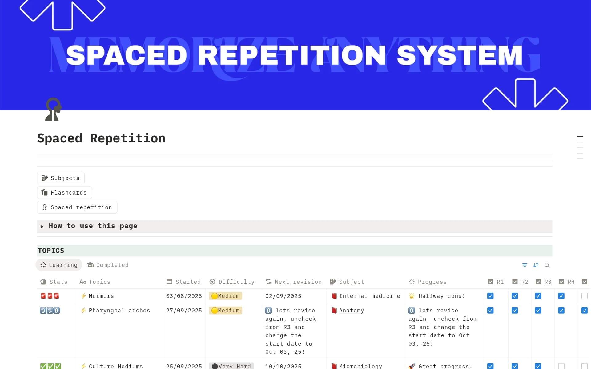 A template preview for Spaced Repetition System