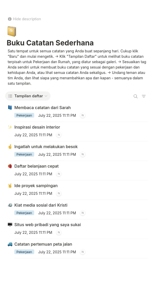 Tangkapan layar aplikasi seluler Notion