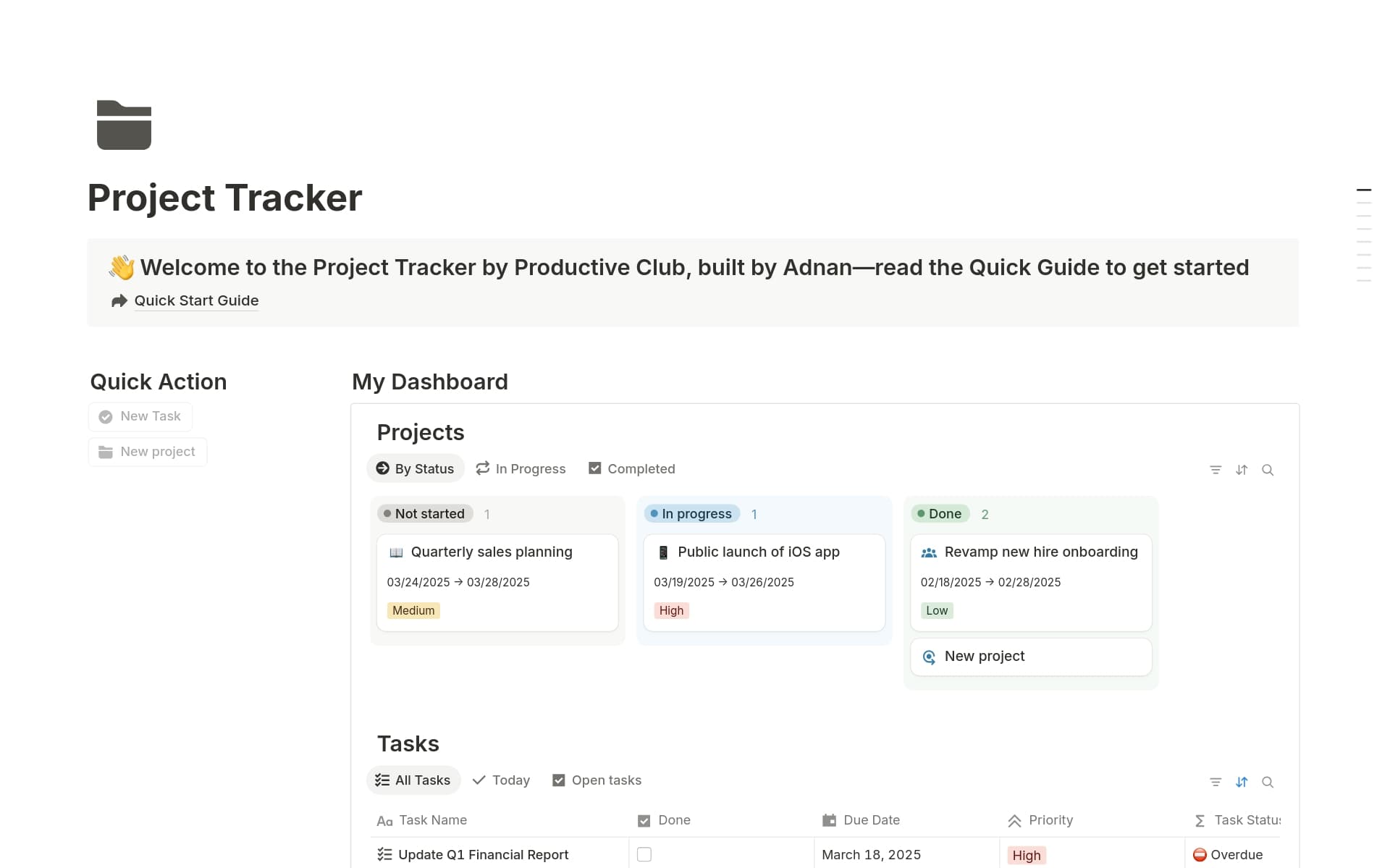 A template preview for Project Tracker