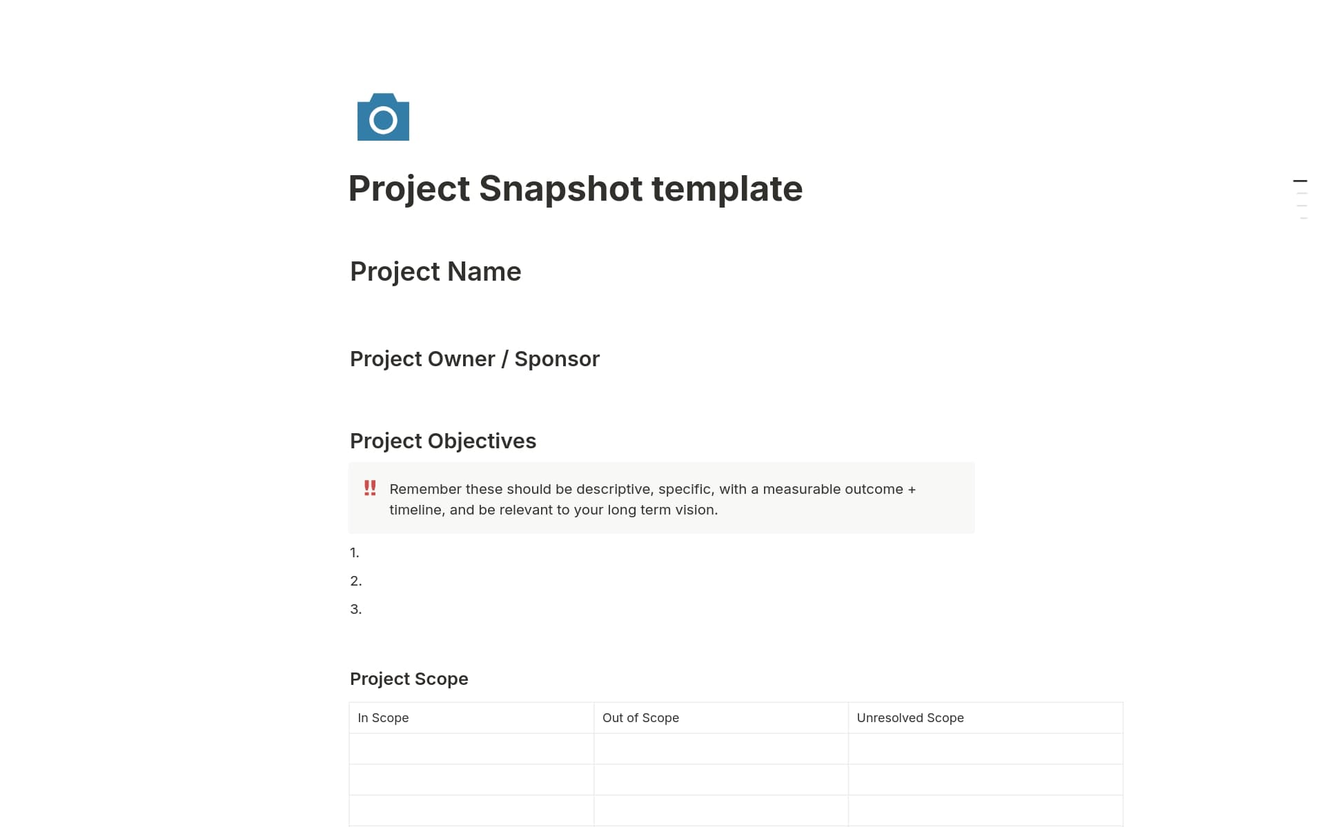 A template preview for Project Snapshot