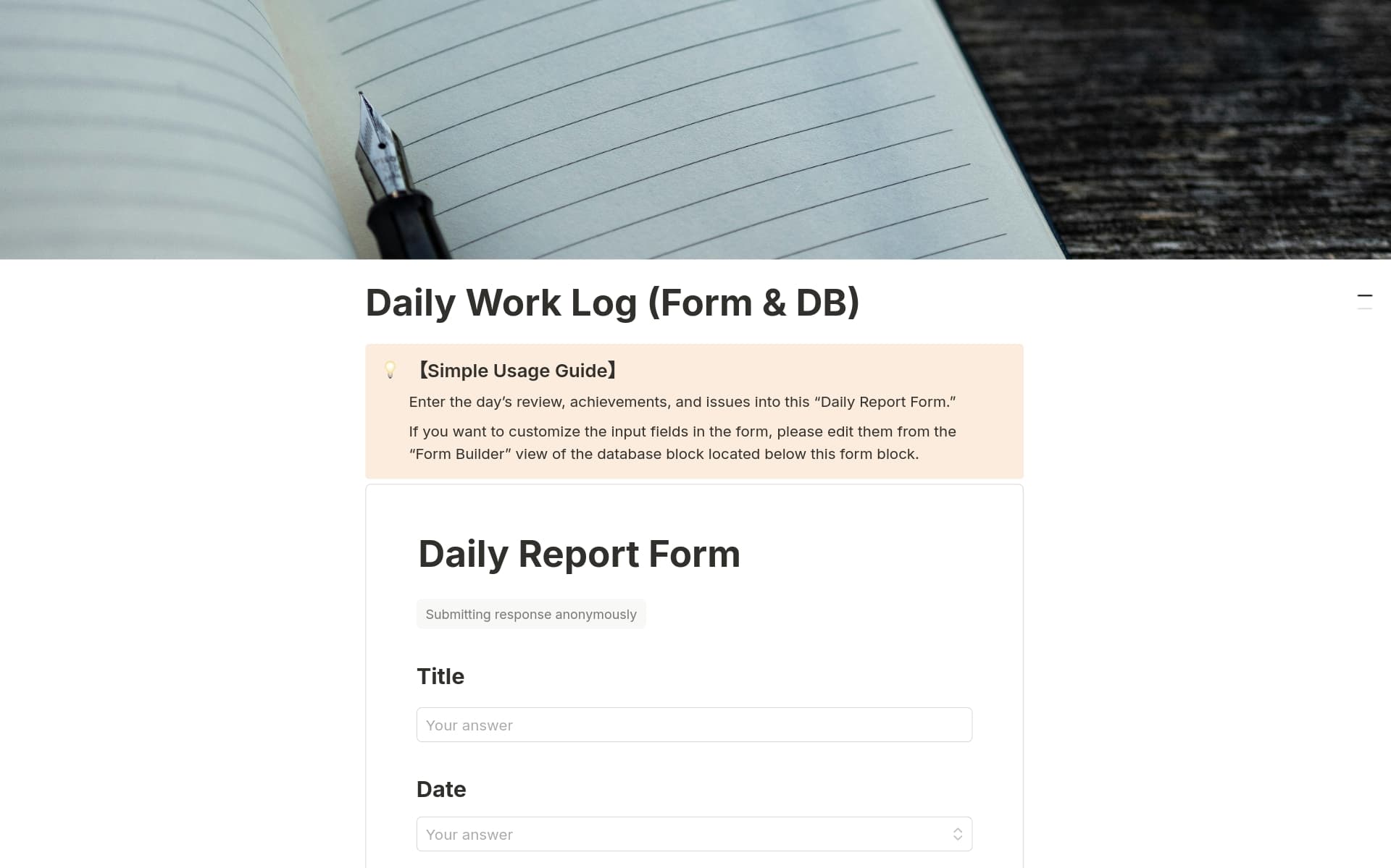 A template preview for Daily Work Log (Form & DB)