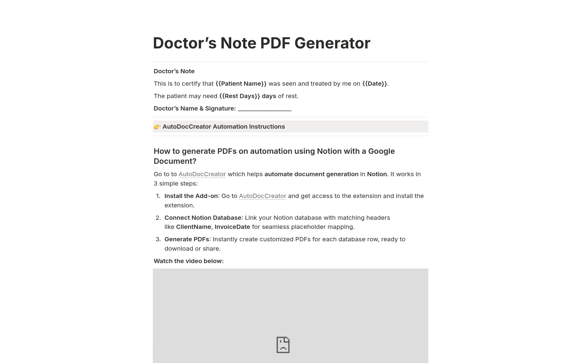 A template preview for Doctor’s Note PDF Generator