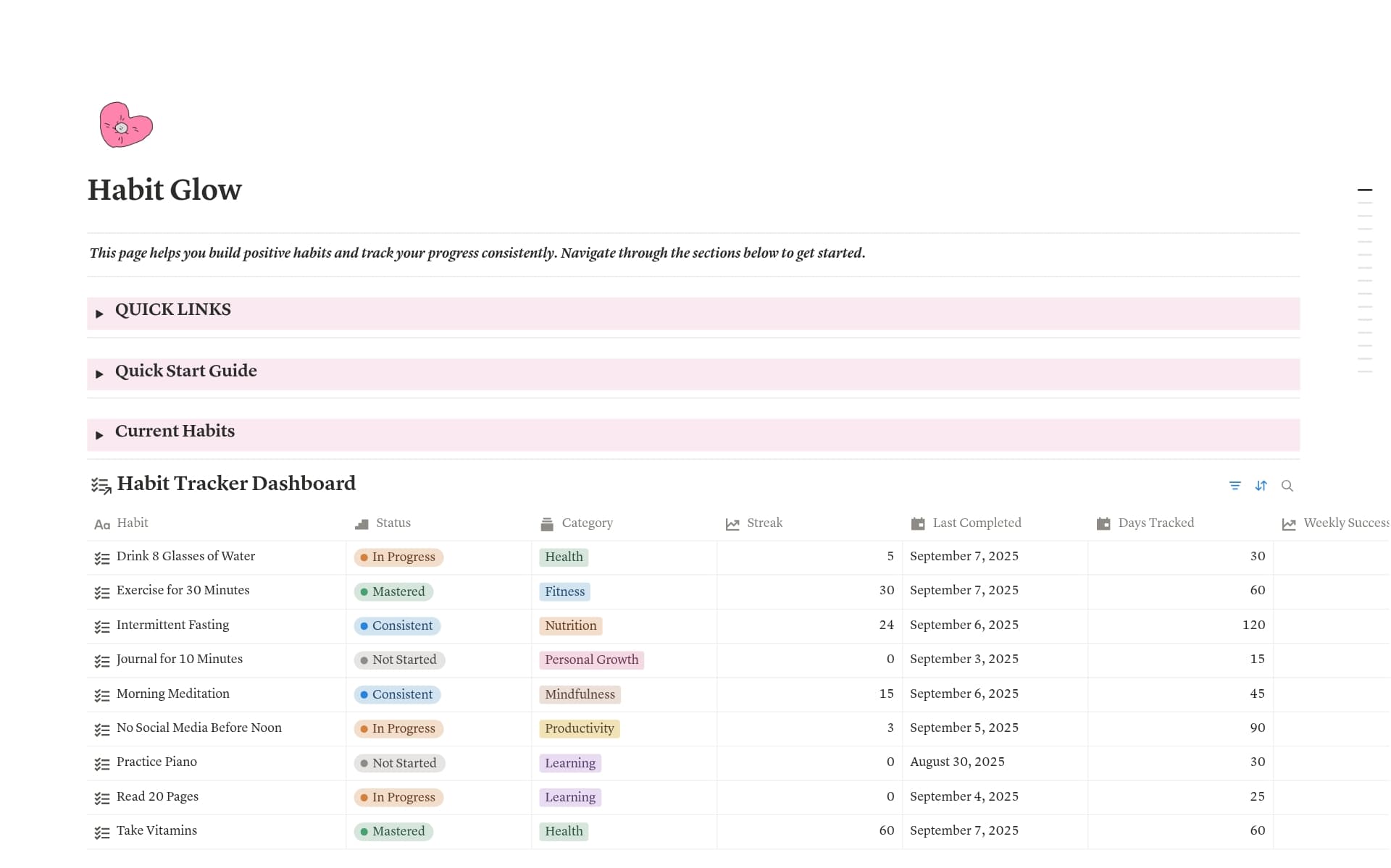 A template preview for Habit Glow
