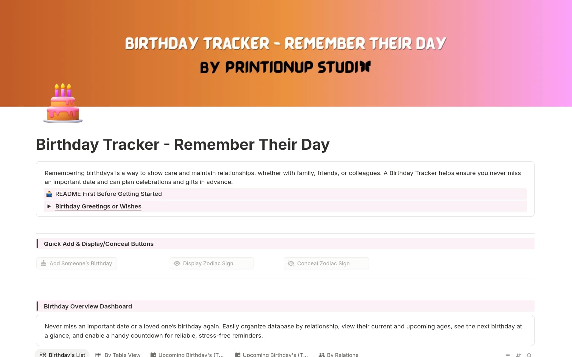 A template preview for Birthday Tracker - Remember Their Day