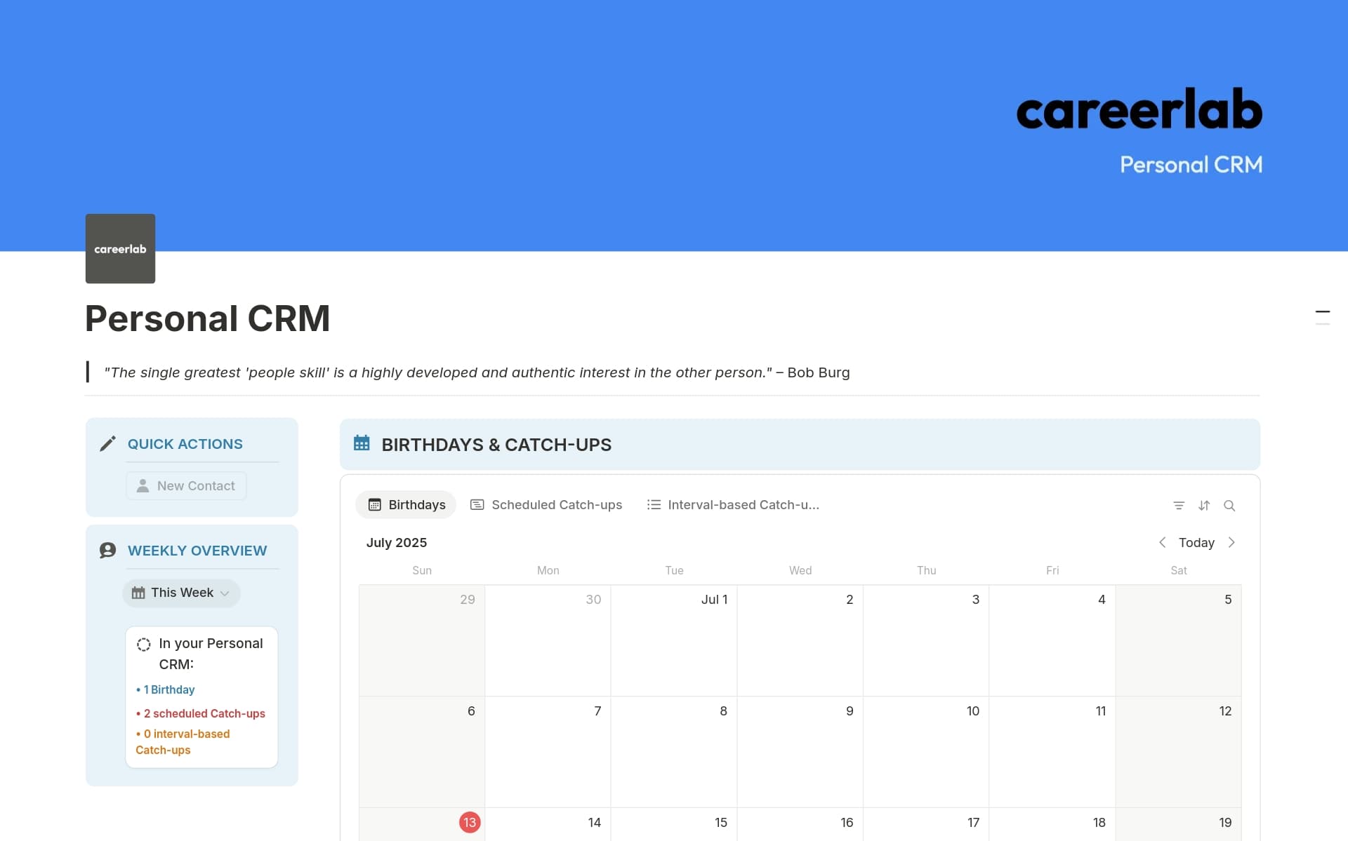 A template preview for Personal CRM