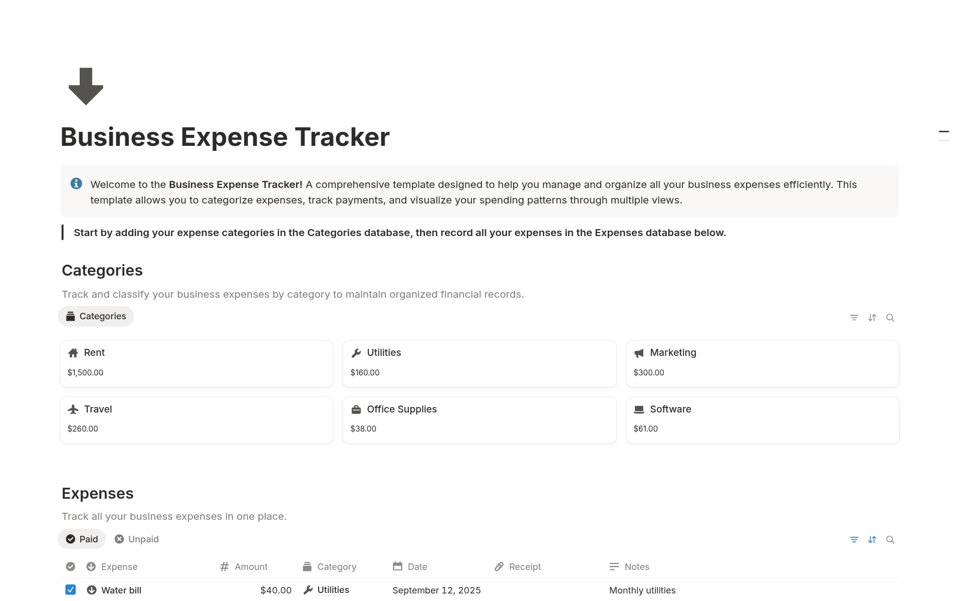 A template preview for Business Expense Tracker