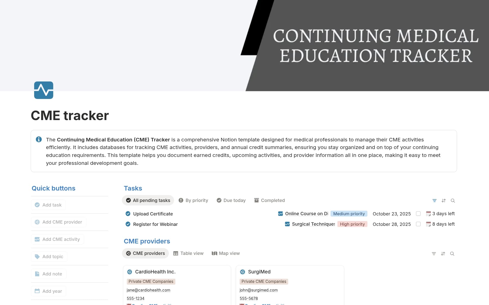 The Continuing Medical Education (CME) Tracker is a comprehensive Notion template designed for medical professionals to manage their CME activities efficiently.