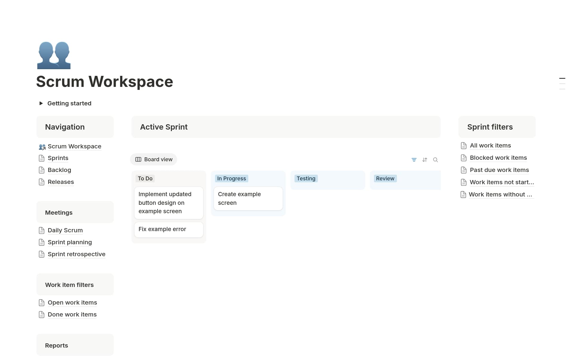 A template preview for Scrum Workspace for Agile Teams