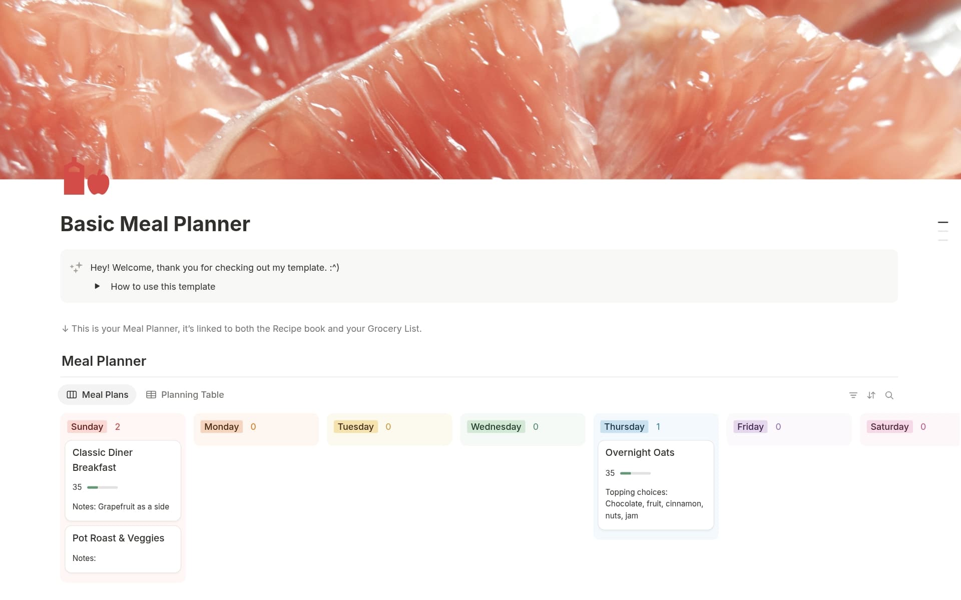 A template preview for Basic Meal Planner