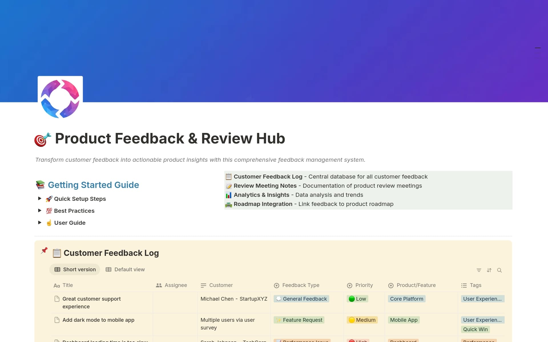 A template preview for Product Feedback & Review Hub