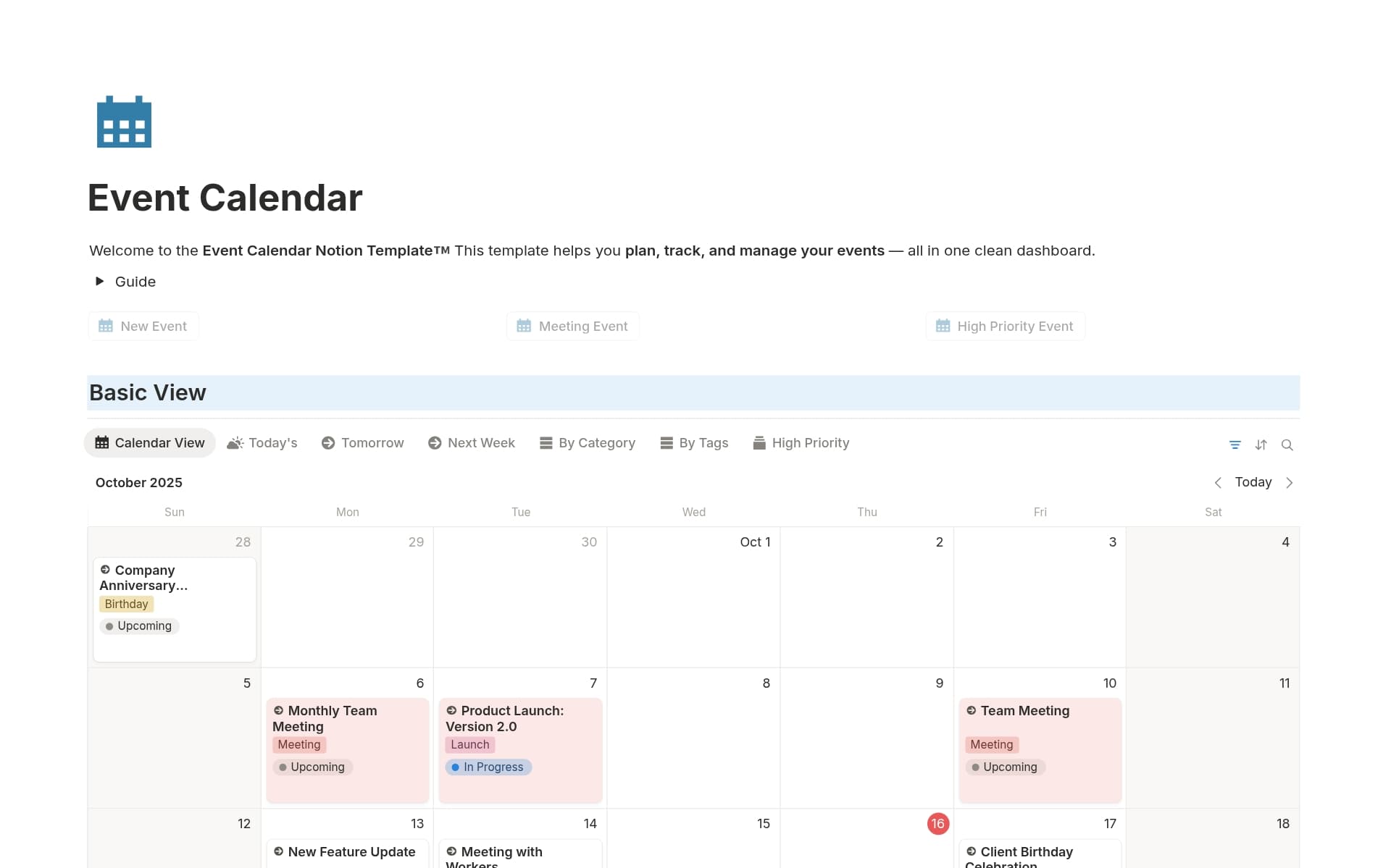 A template preview for Simple Event Calendar