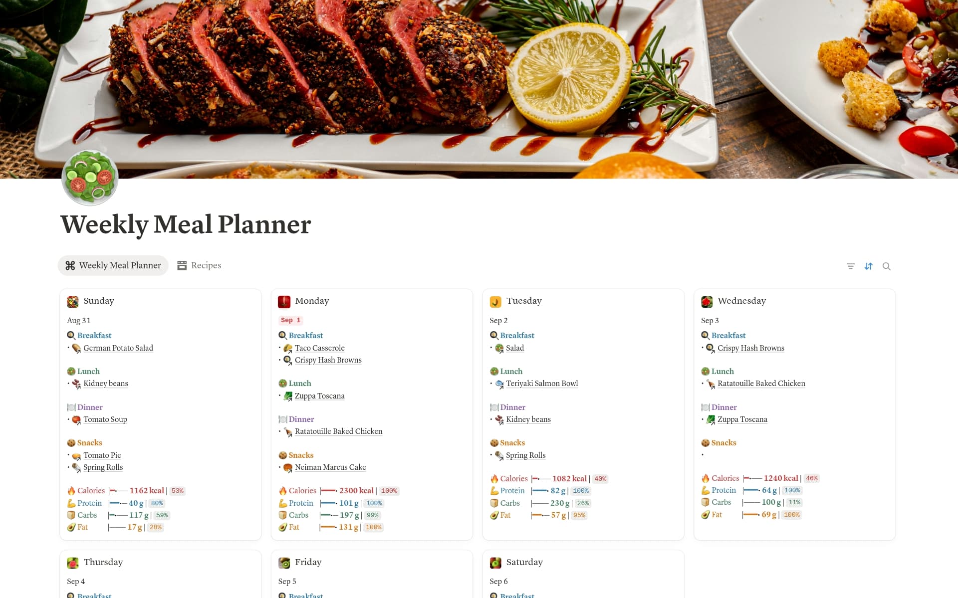 A template preview for Weekly Meal Planner & Nutrition Tracker