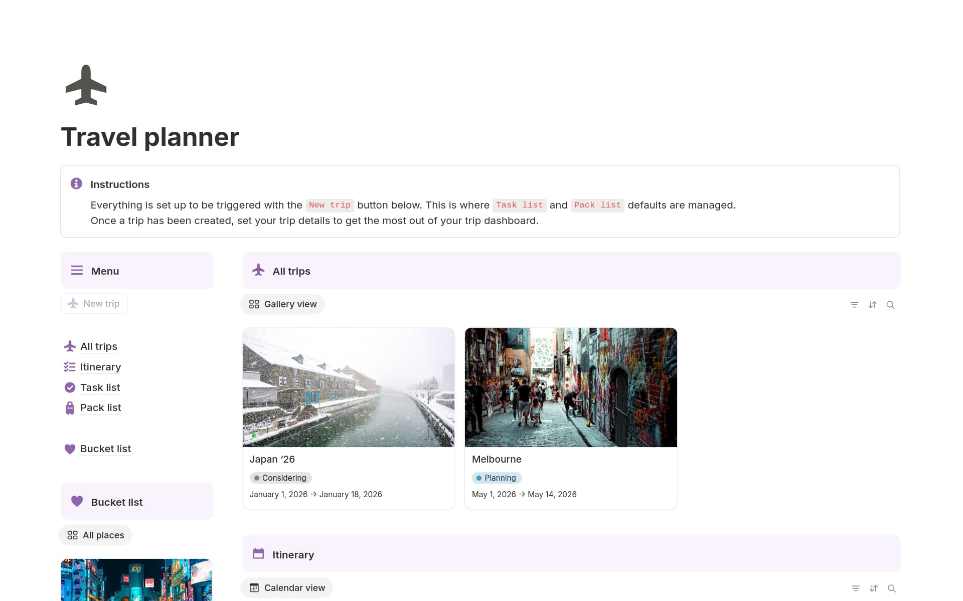 A template preview for Travel planner