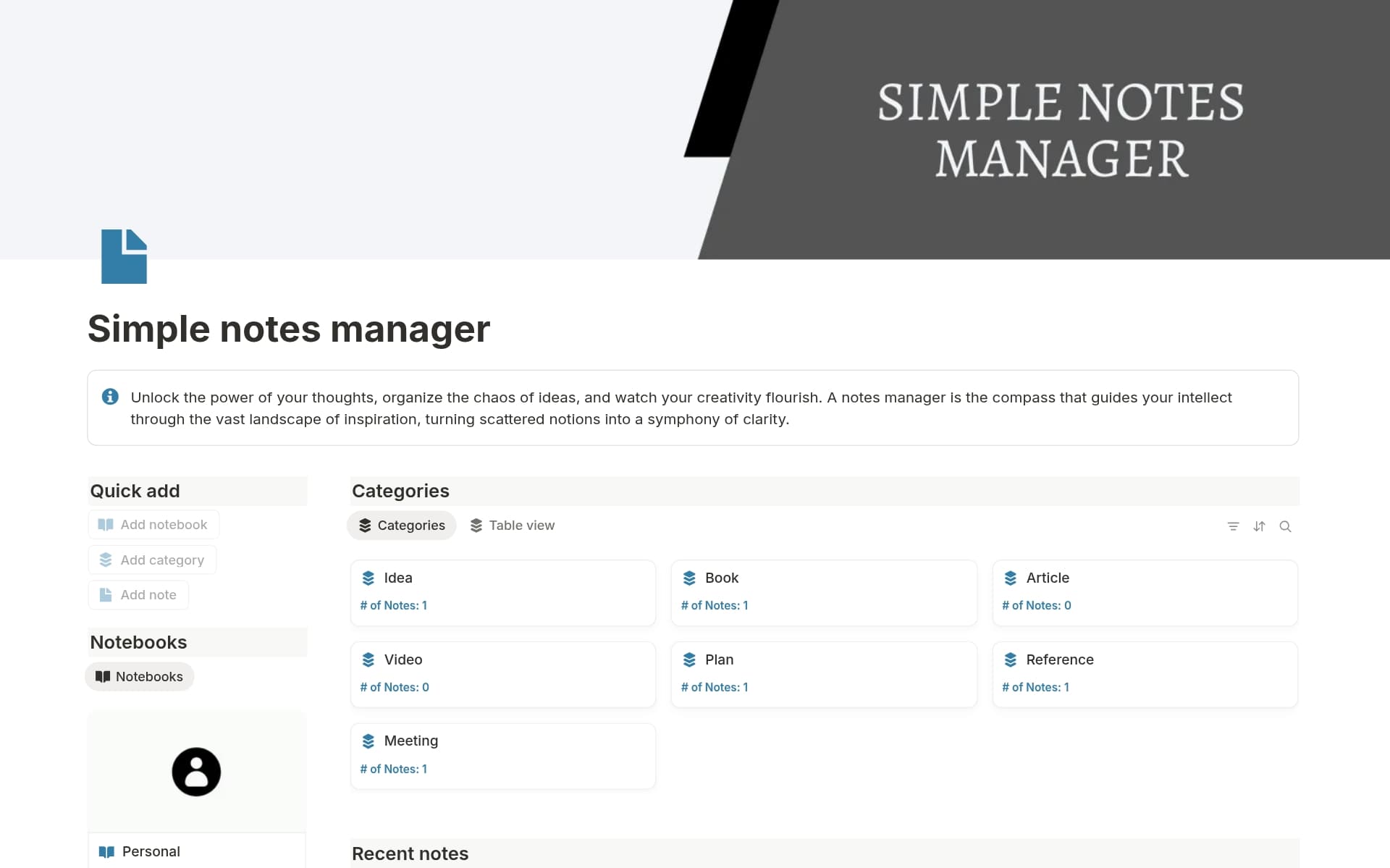 A template preview for Simple notes manager