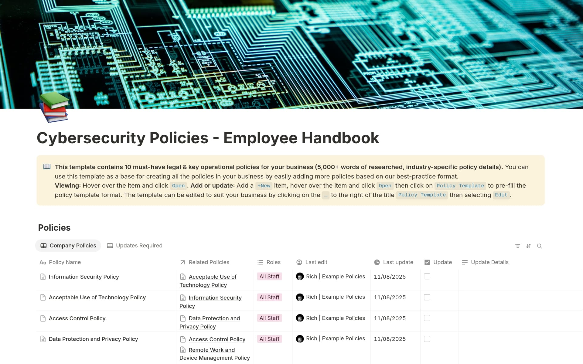 A template preview for Cybersecurity Policies - Employee Handbook