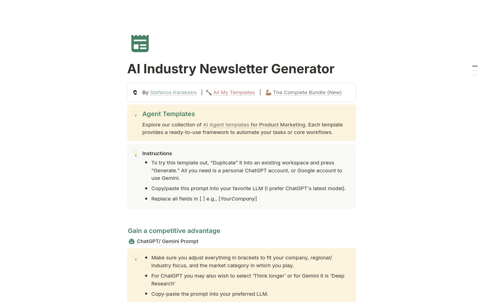 A template preview for AI Industry Newsletter Generator
