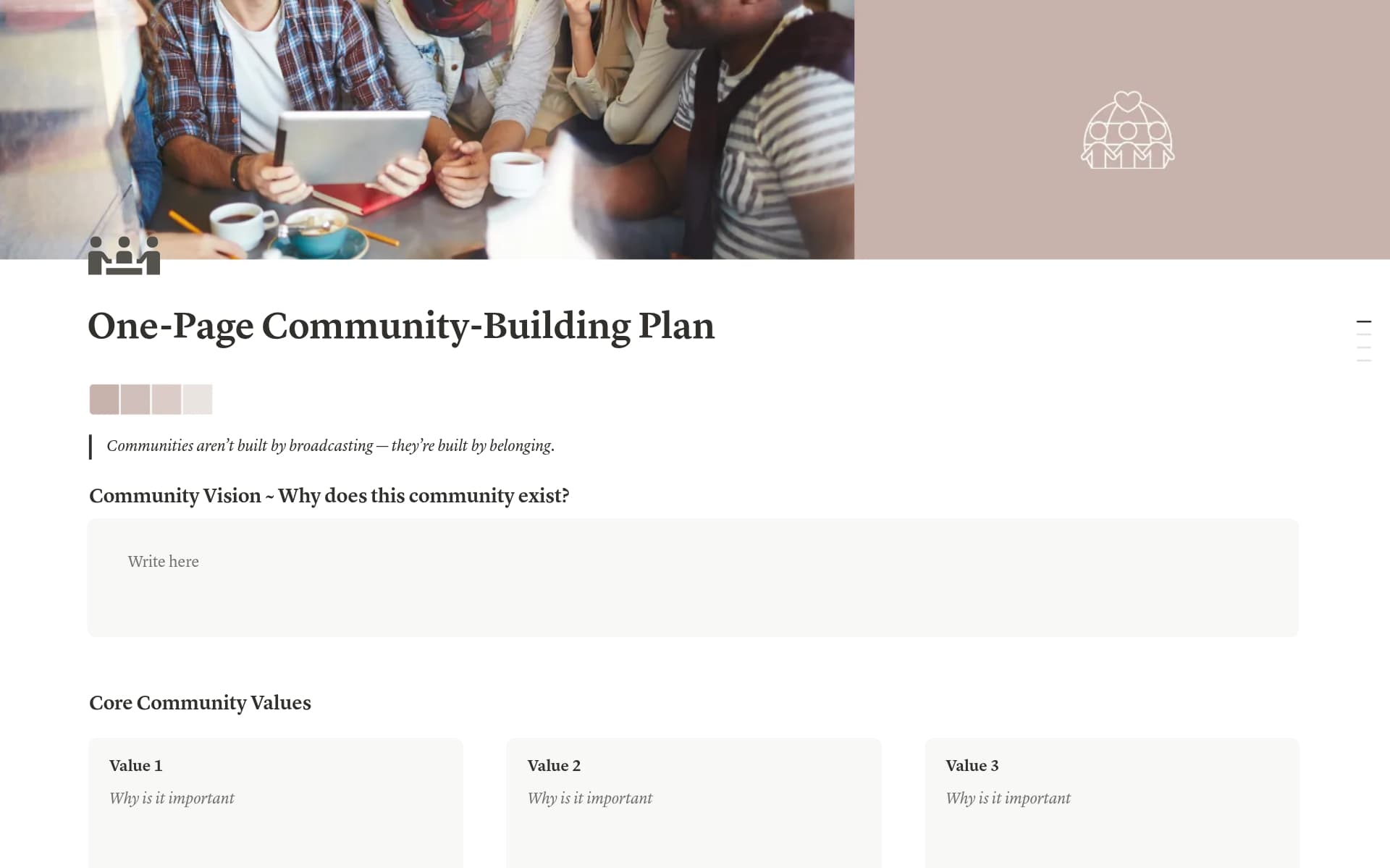 A template preview for One-Page Community Building Plan