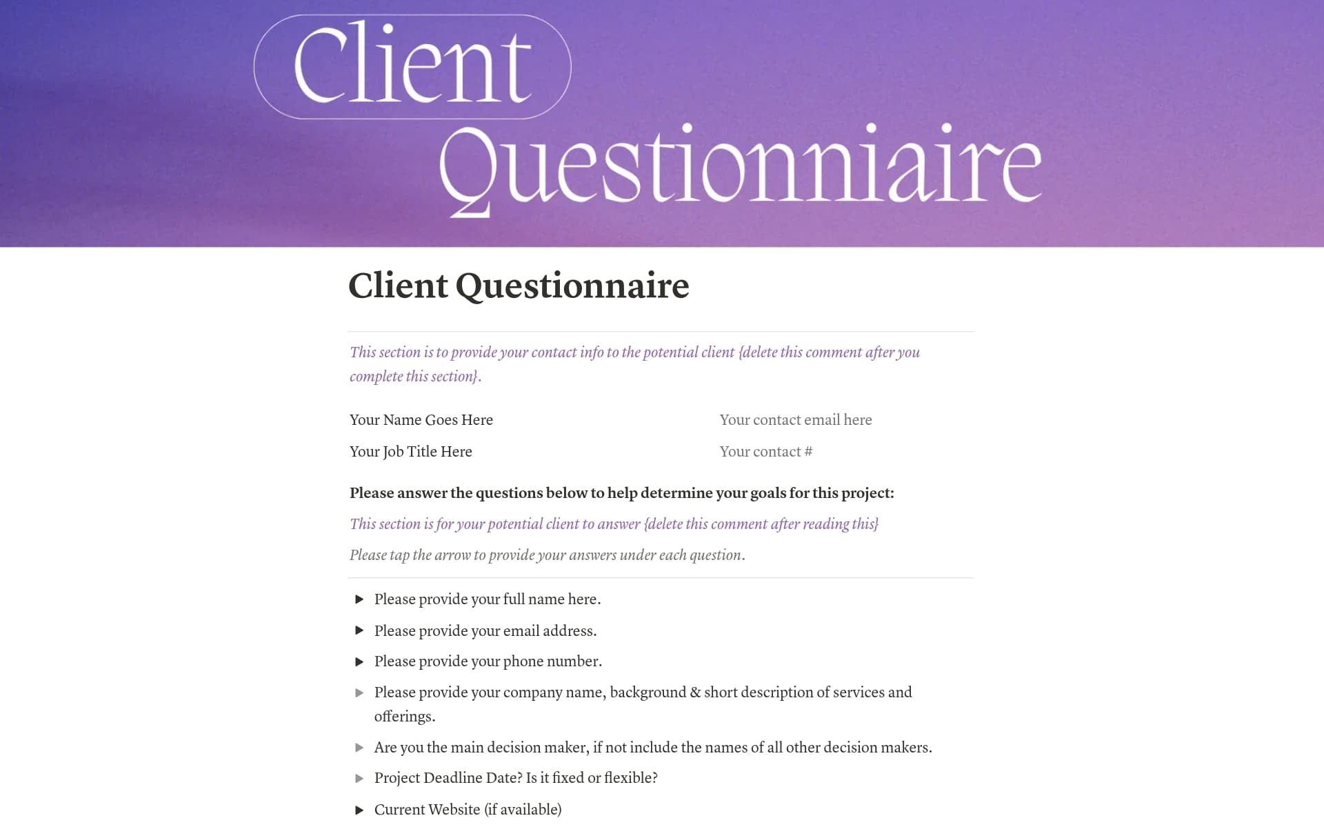 A template preview for Client Questionnaire