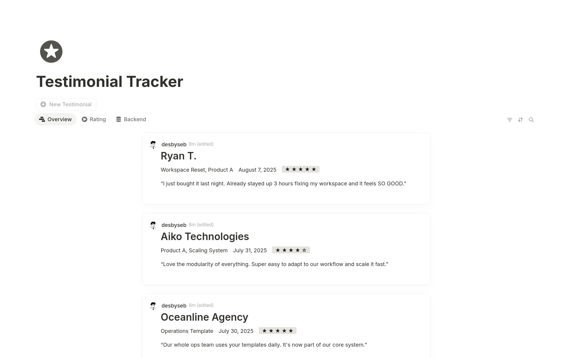A template preview for Testimonial tracker