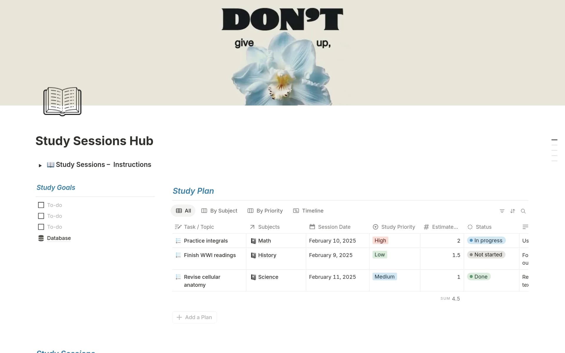A template preview for Study Sessions Hub