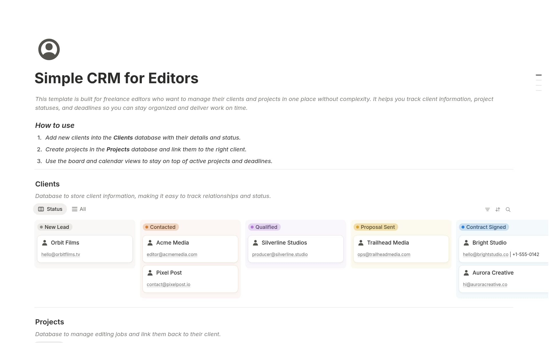 Uma prévia do modelo para Simple CRM for Editors