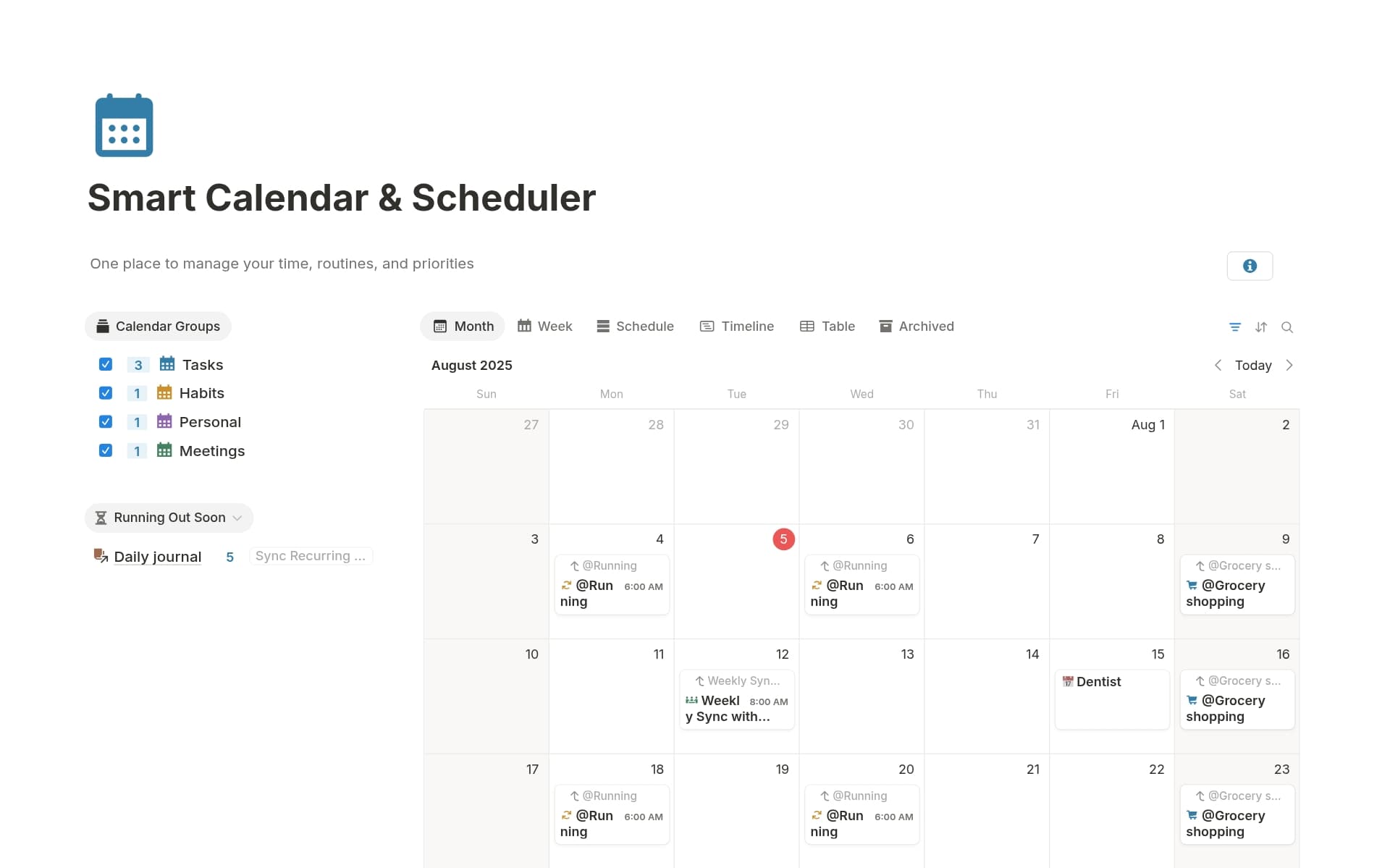 A template preview for Recurring Calendar â Tasks & Events
