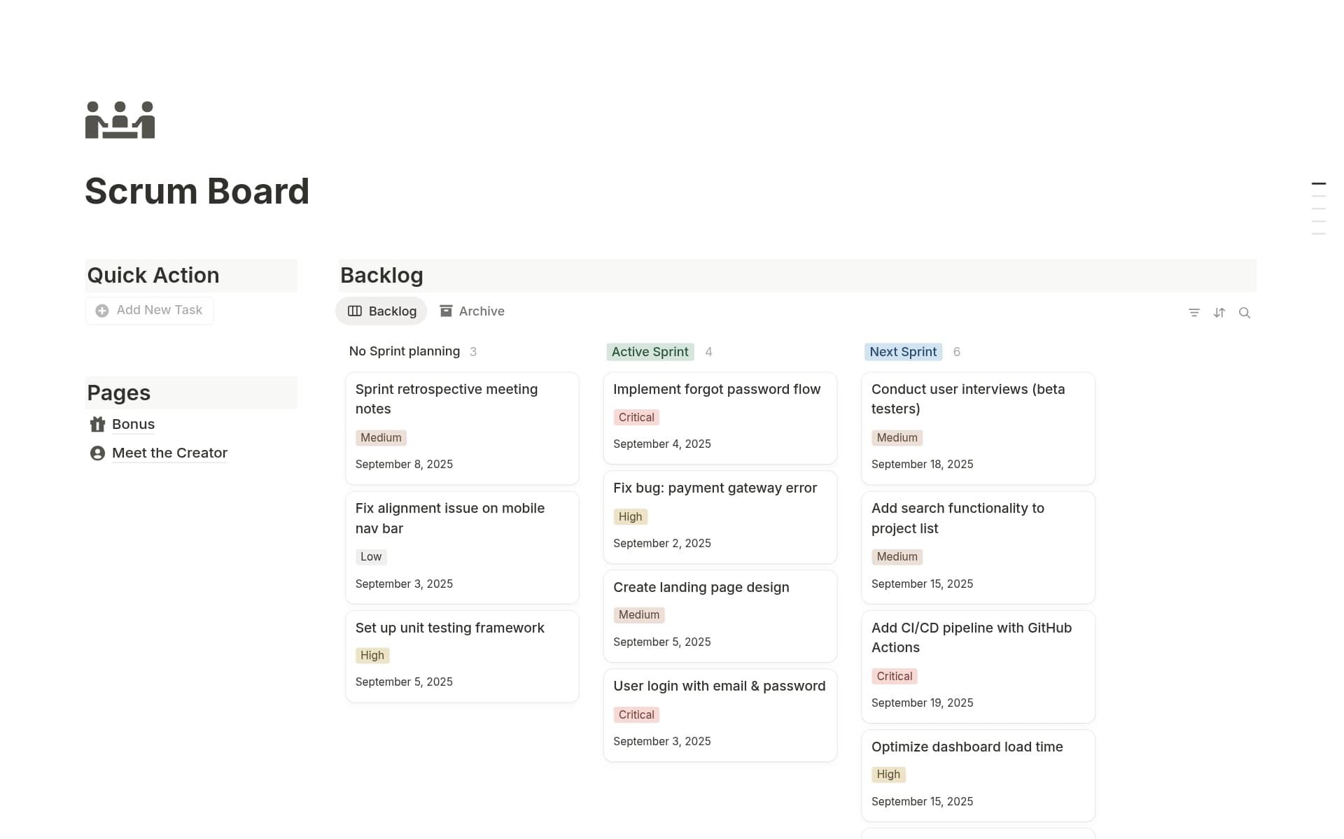A template preview for Scrum Board