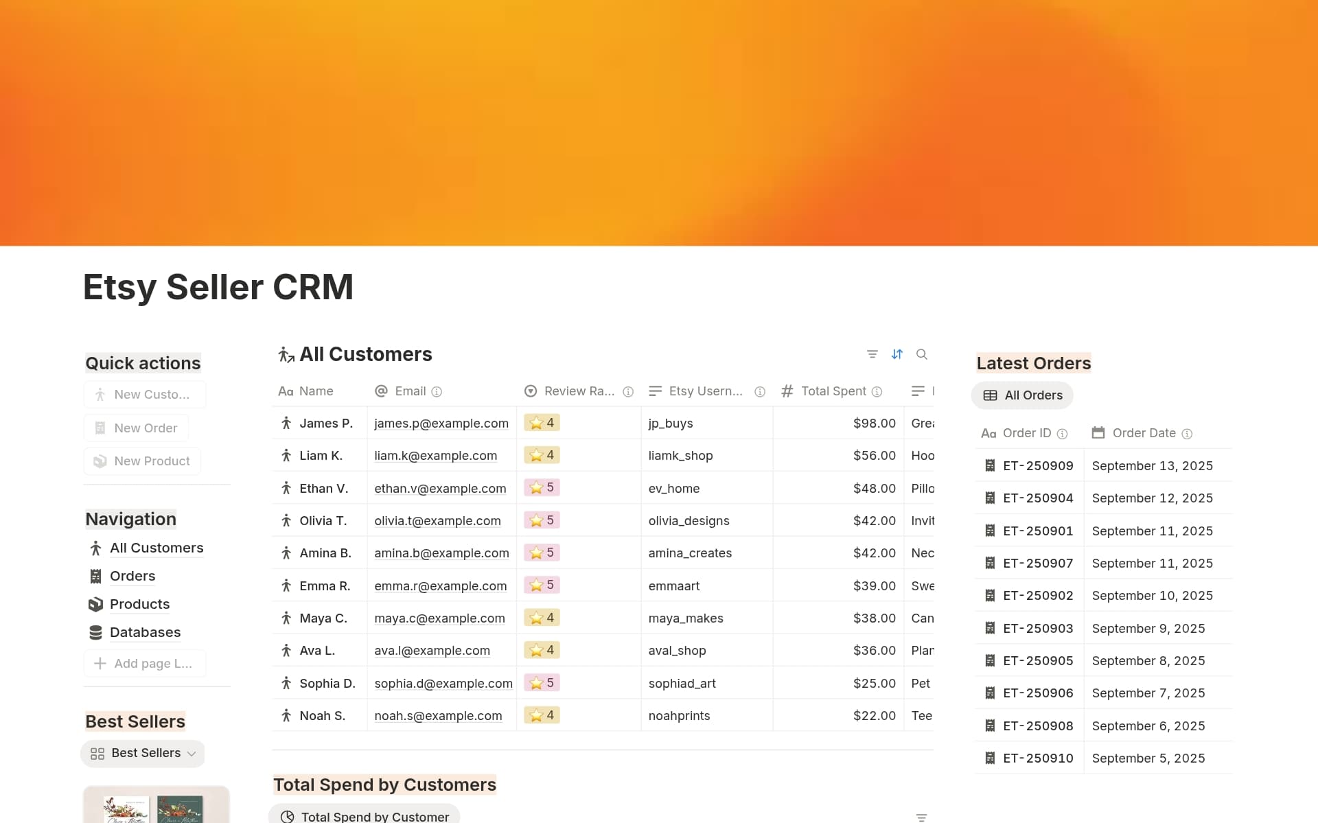 A template preview for Etsy Seller CRM