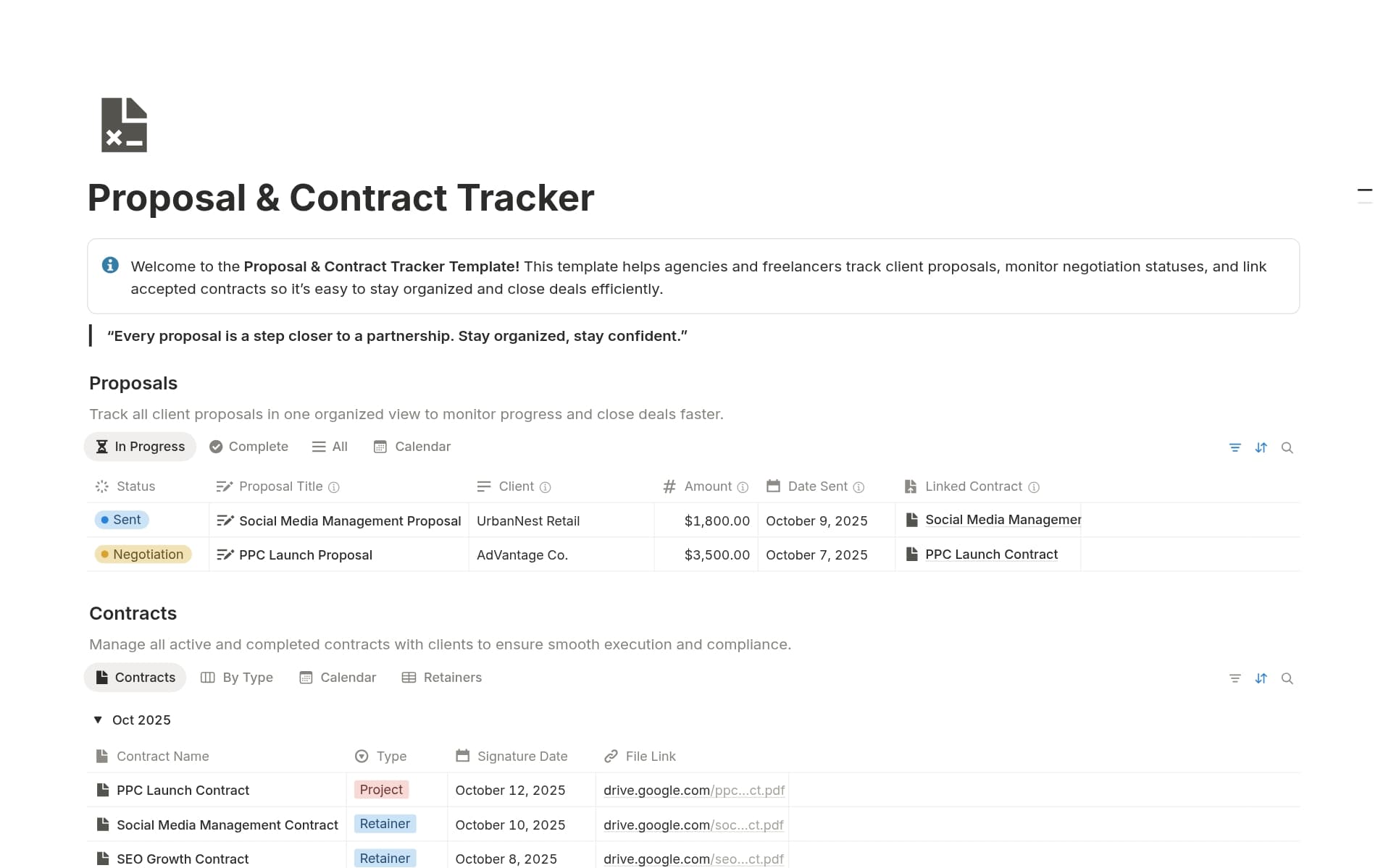 A template preview for Proposal & Contract Tracker