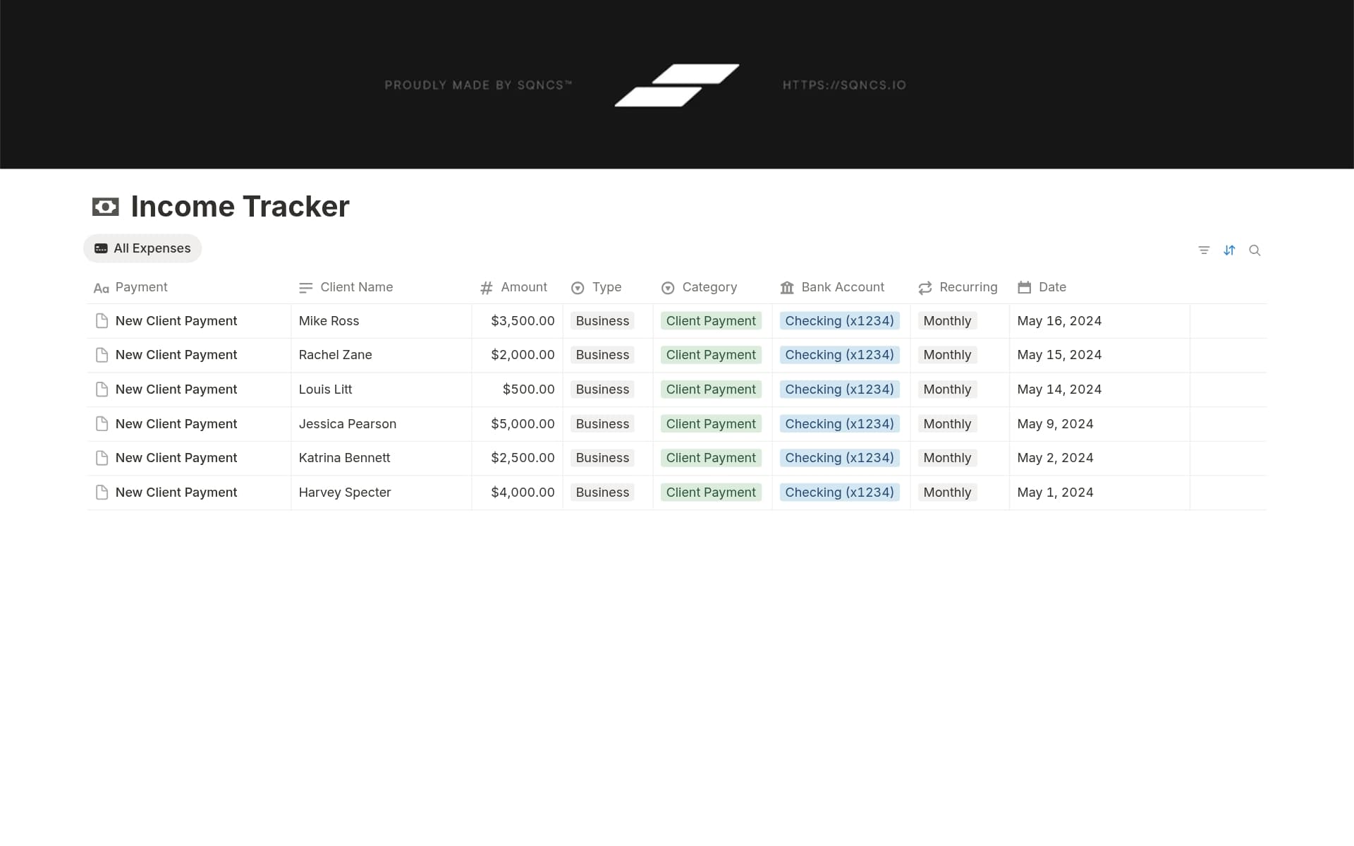 A template preview for Income Tracker