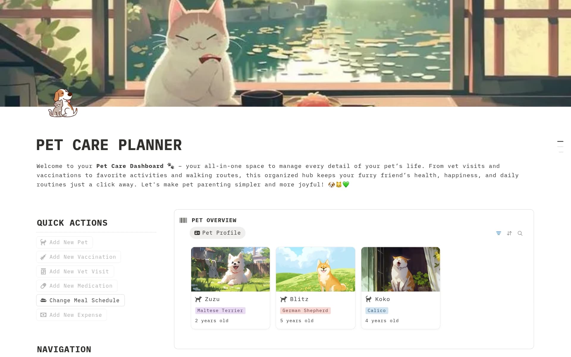 A template preview for Pet care Planner