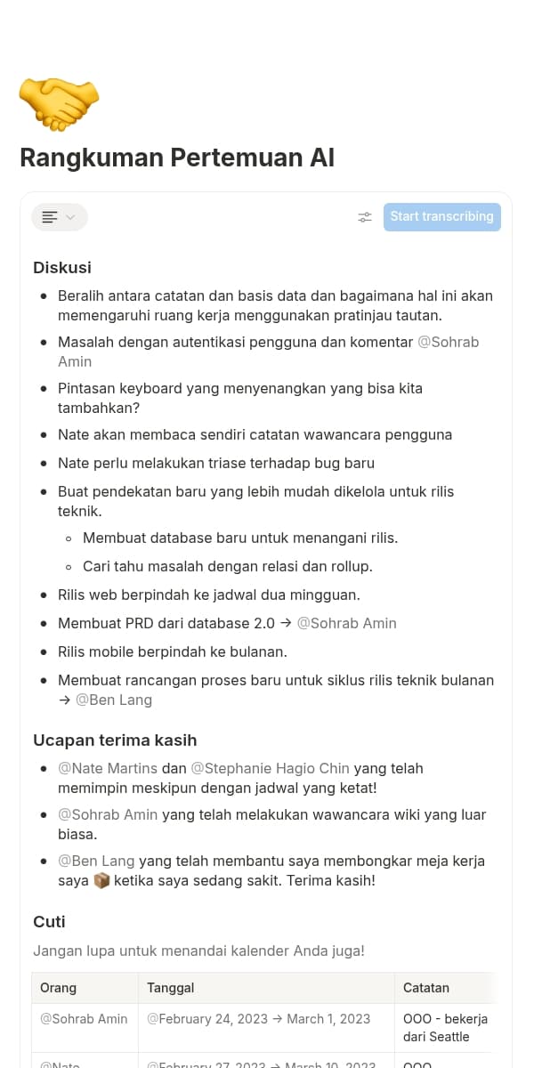 Tangkapan layar aplikasi seluler Notion