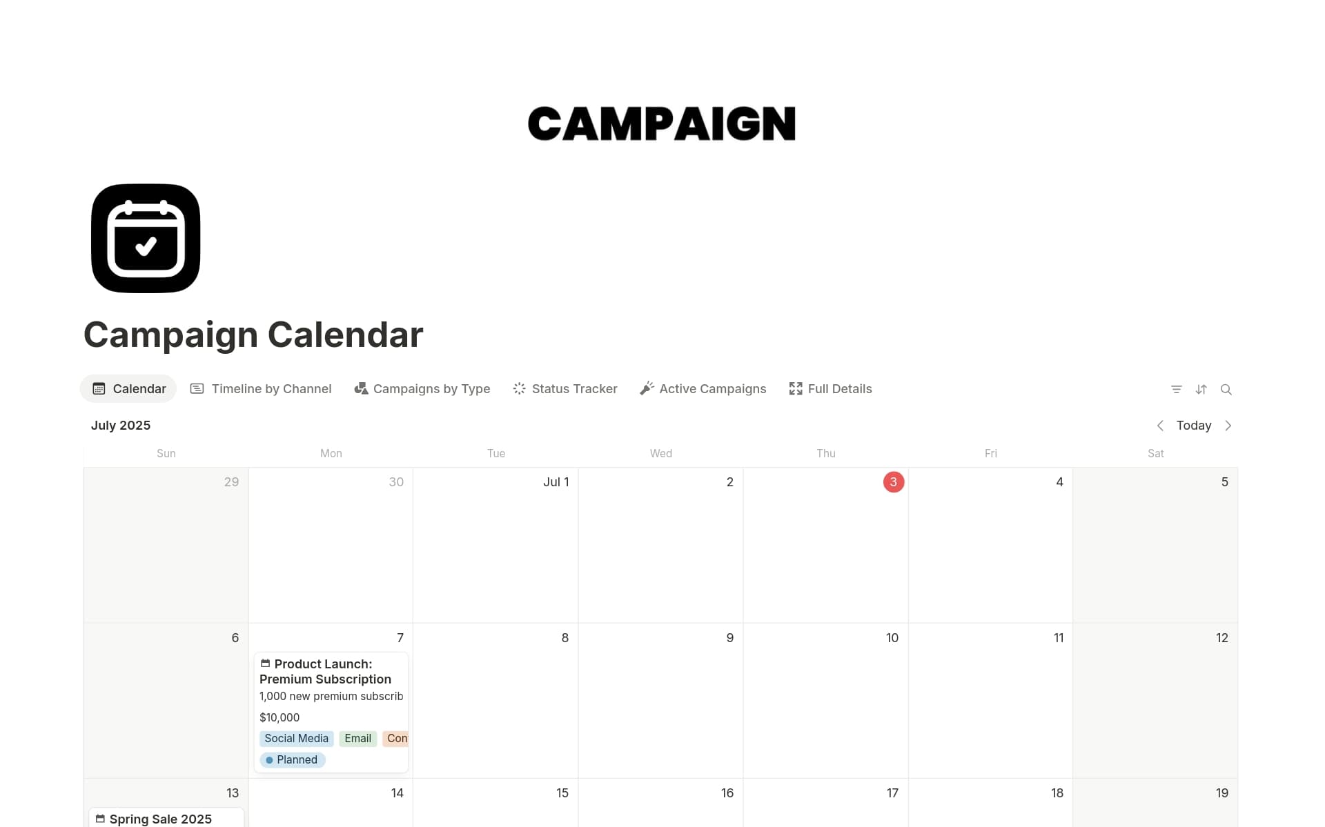 A template preview for Campaign Calendar