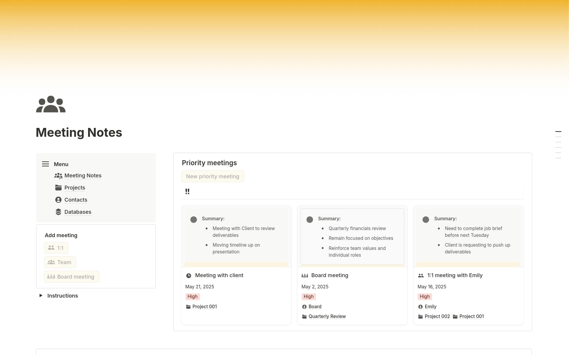 A template preview for Meeting notes