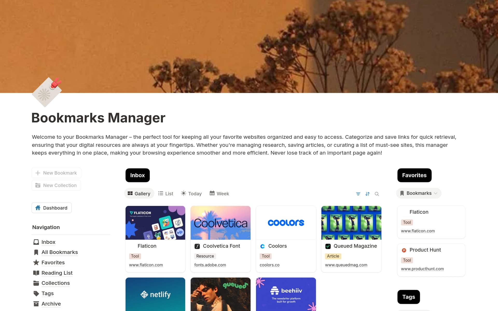 A template preview for Bookmark Manager