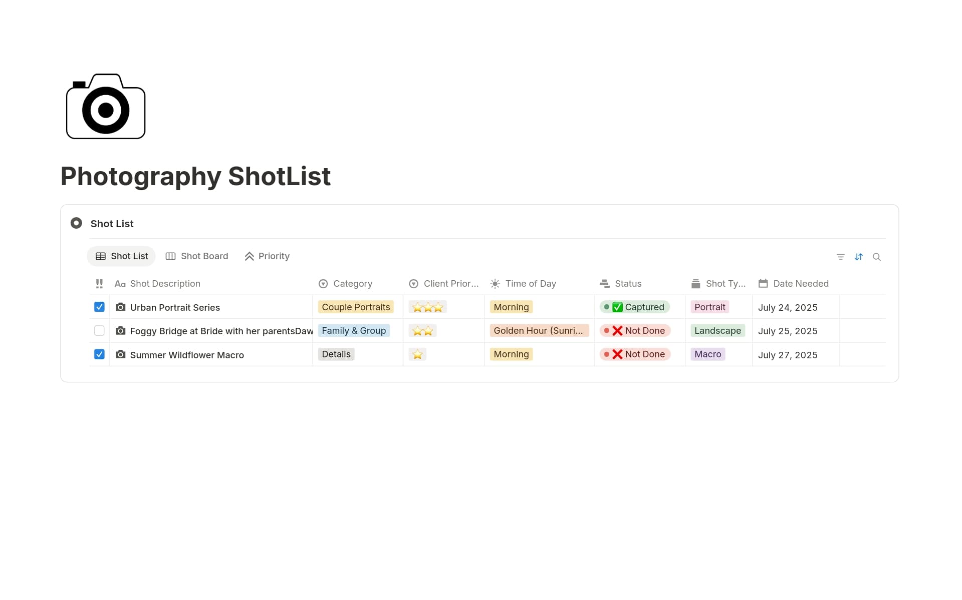 Uma prévia do modelo para Photography ShotList