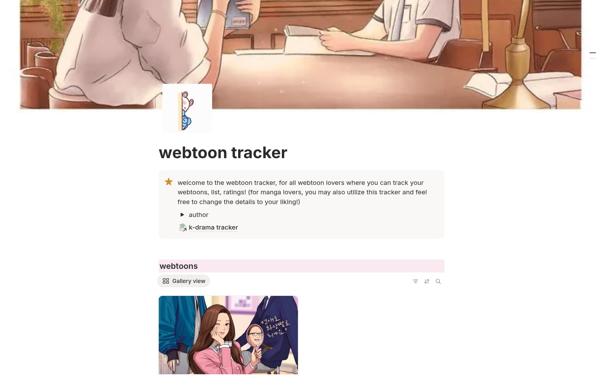 A template preview for webtoon tracker