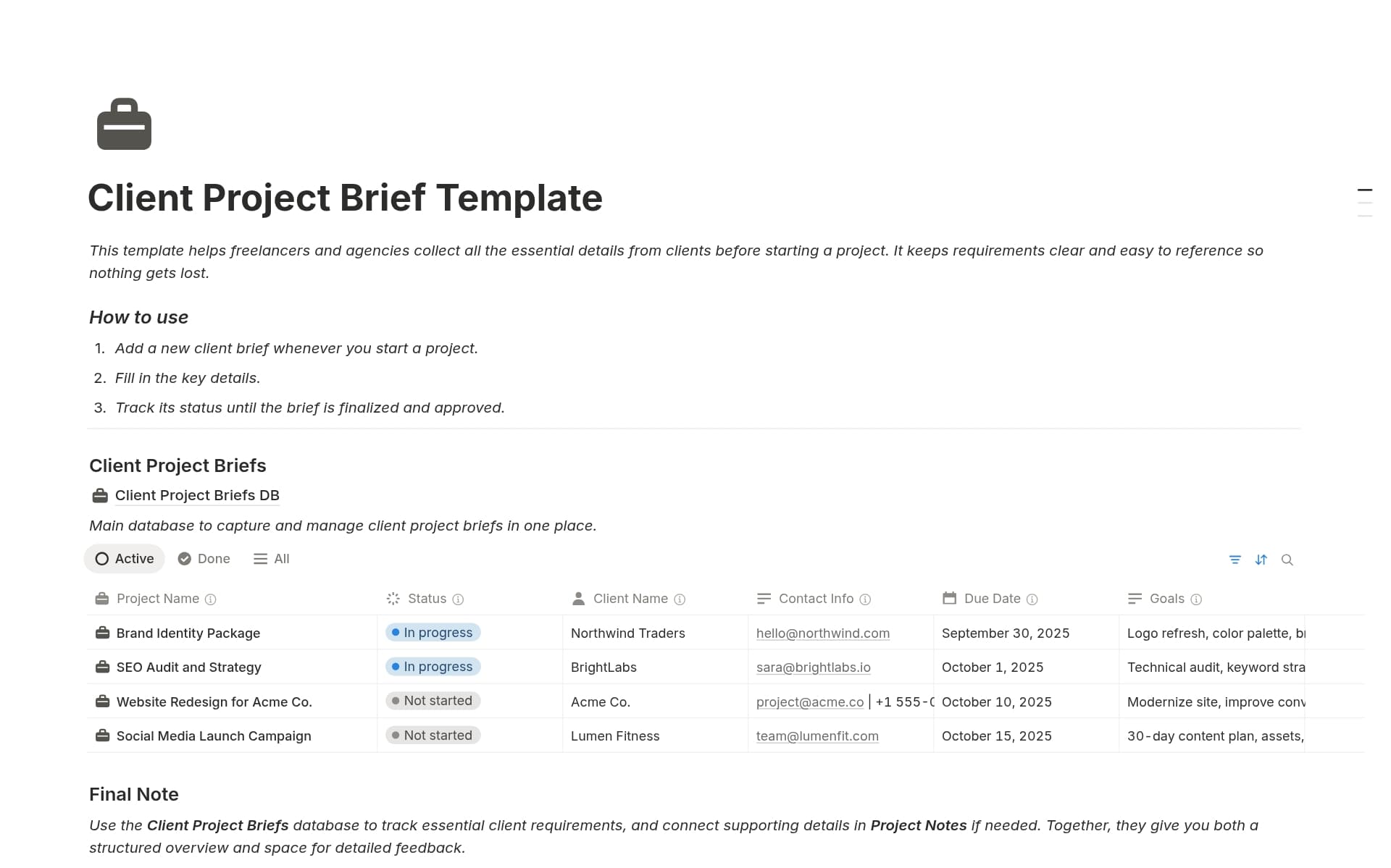 Uma prévia do modelo para Client Project Brief