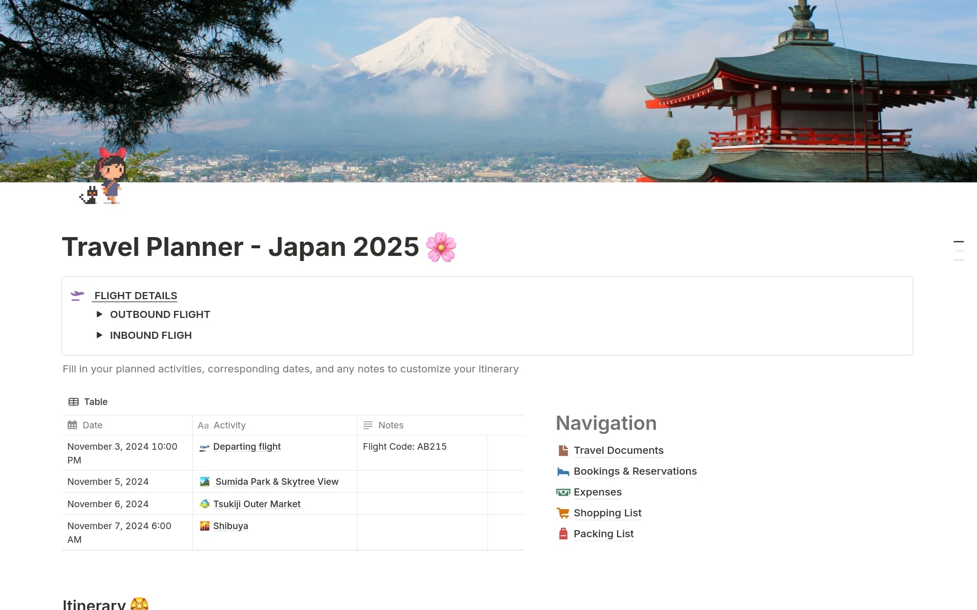 A template preview for Travel Planner