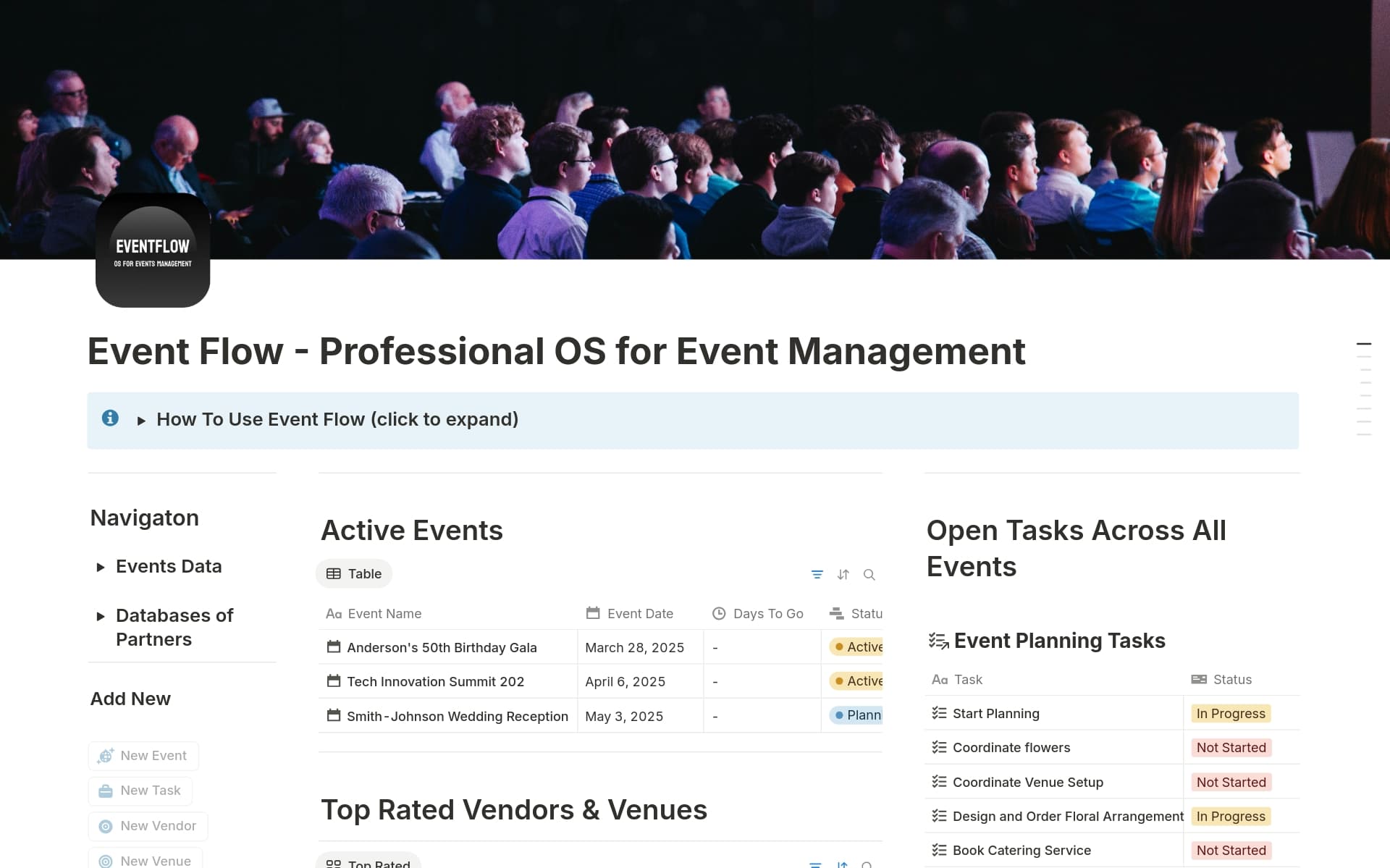 A template preview for Event Flow - Professional OS for Event Management