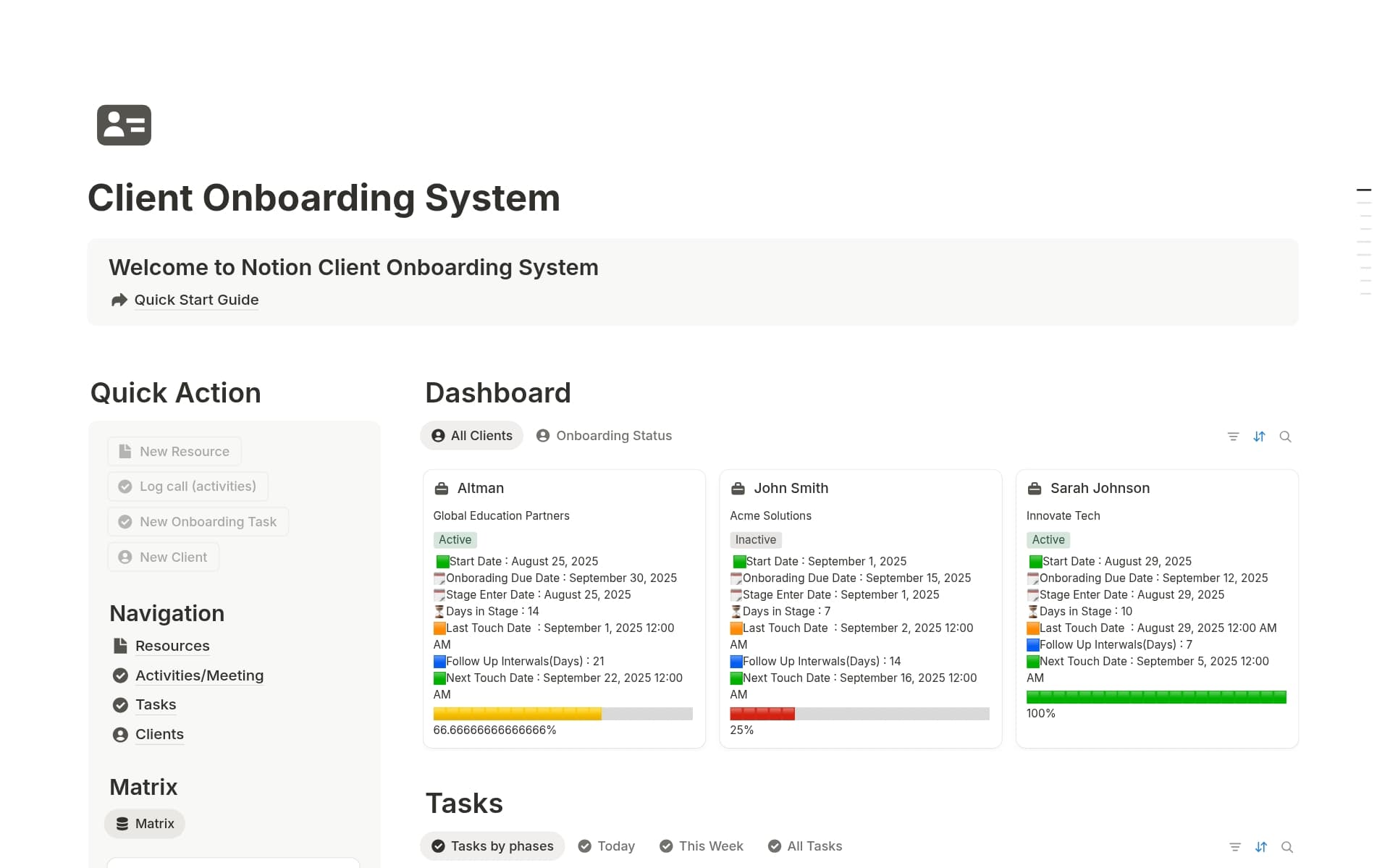 A template preview for Client Onboarding System