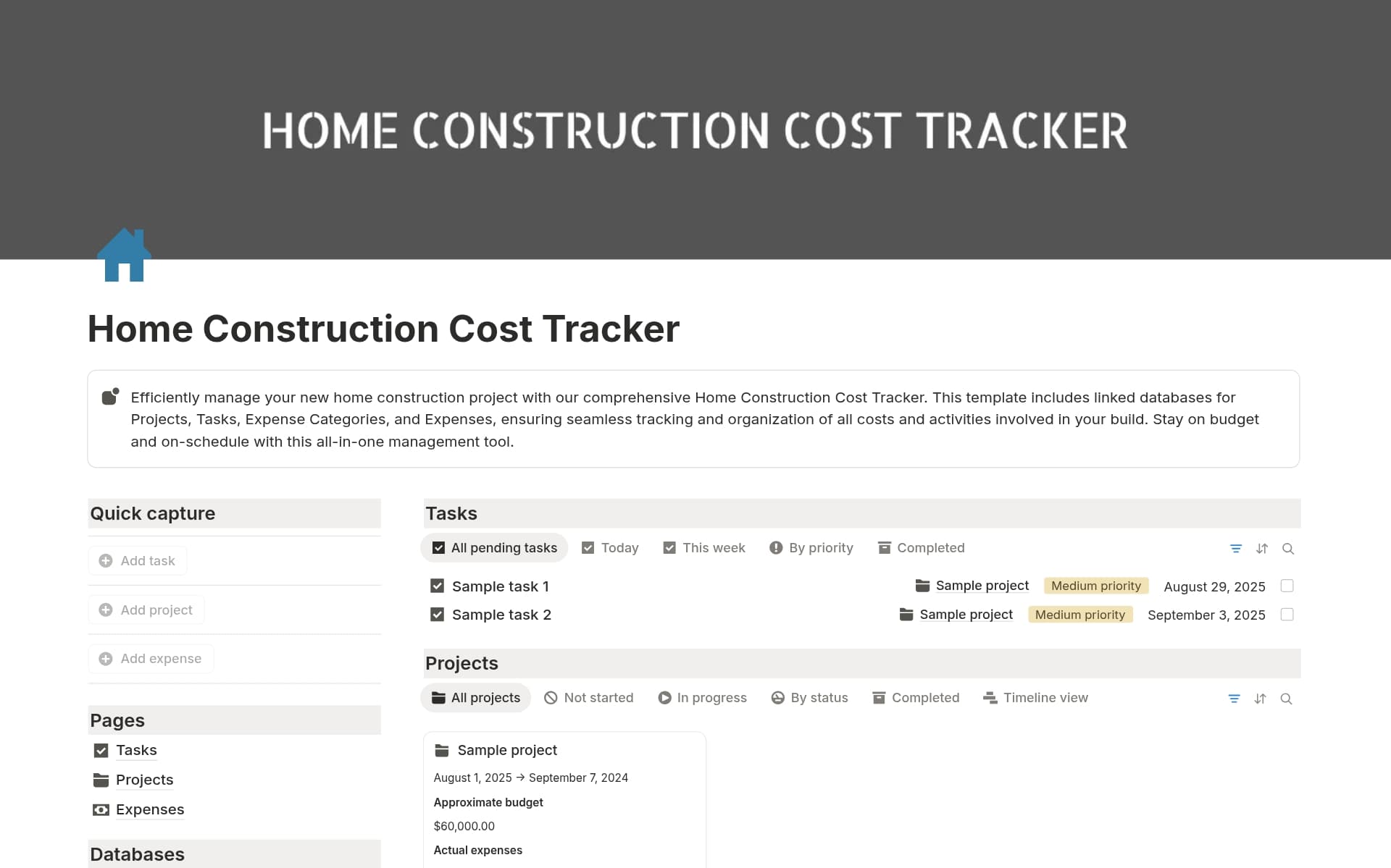 A template preview for Home Construction Cost Tracker