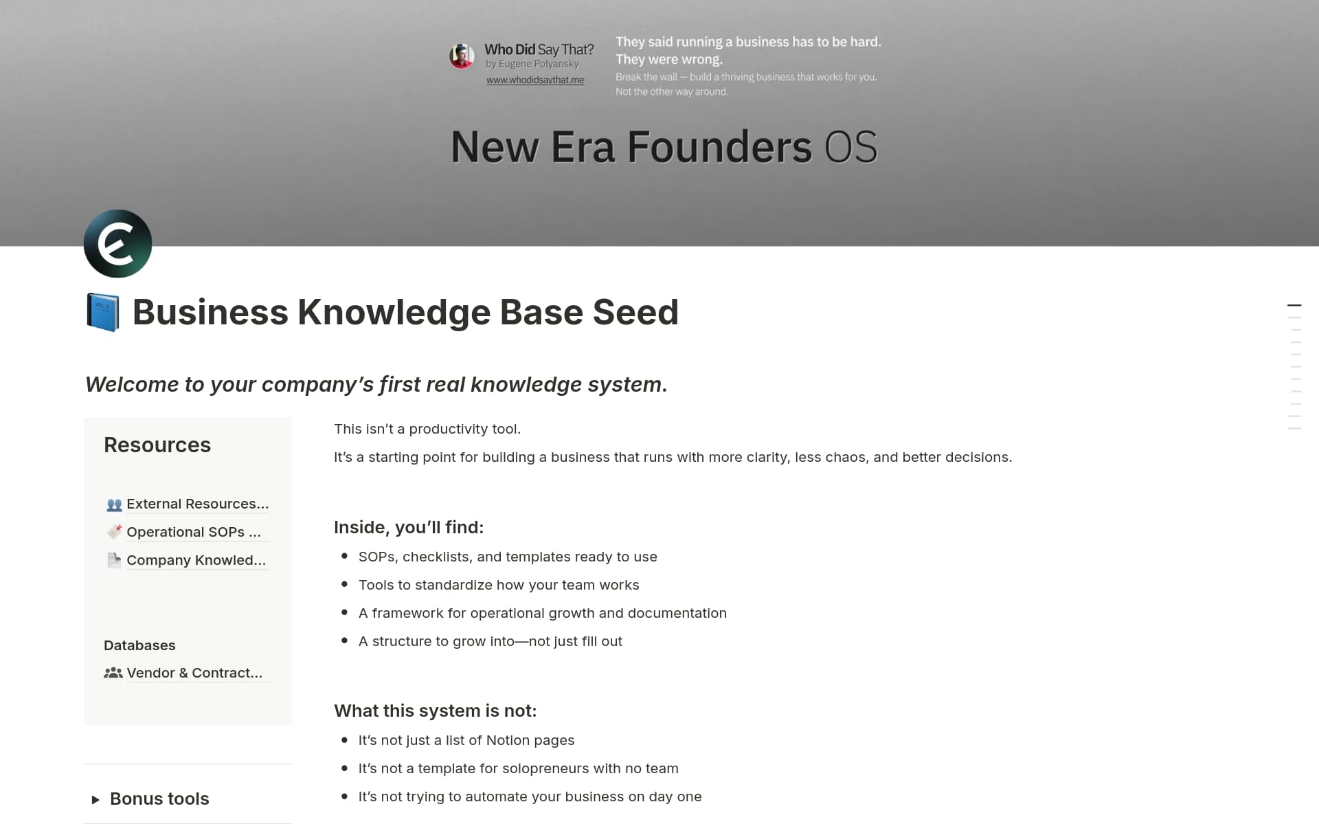 A template preview for 📘 Business Knowledge Base Seed