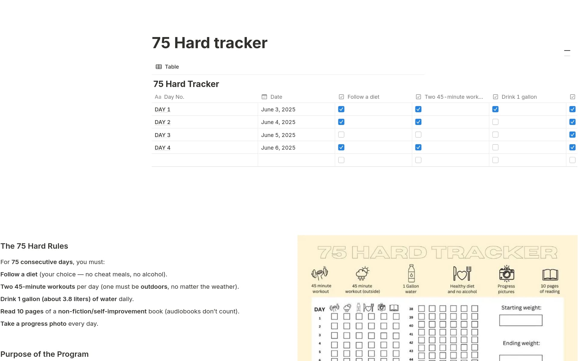 A template preview for 75 Hard tracker