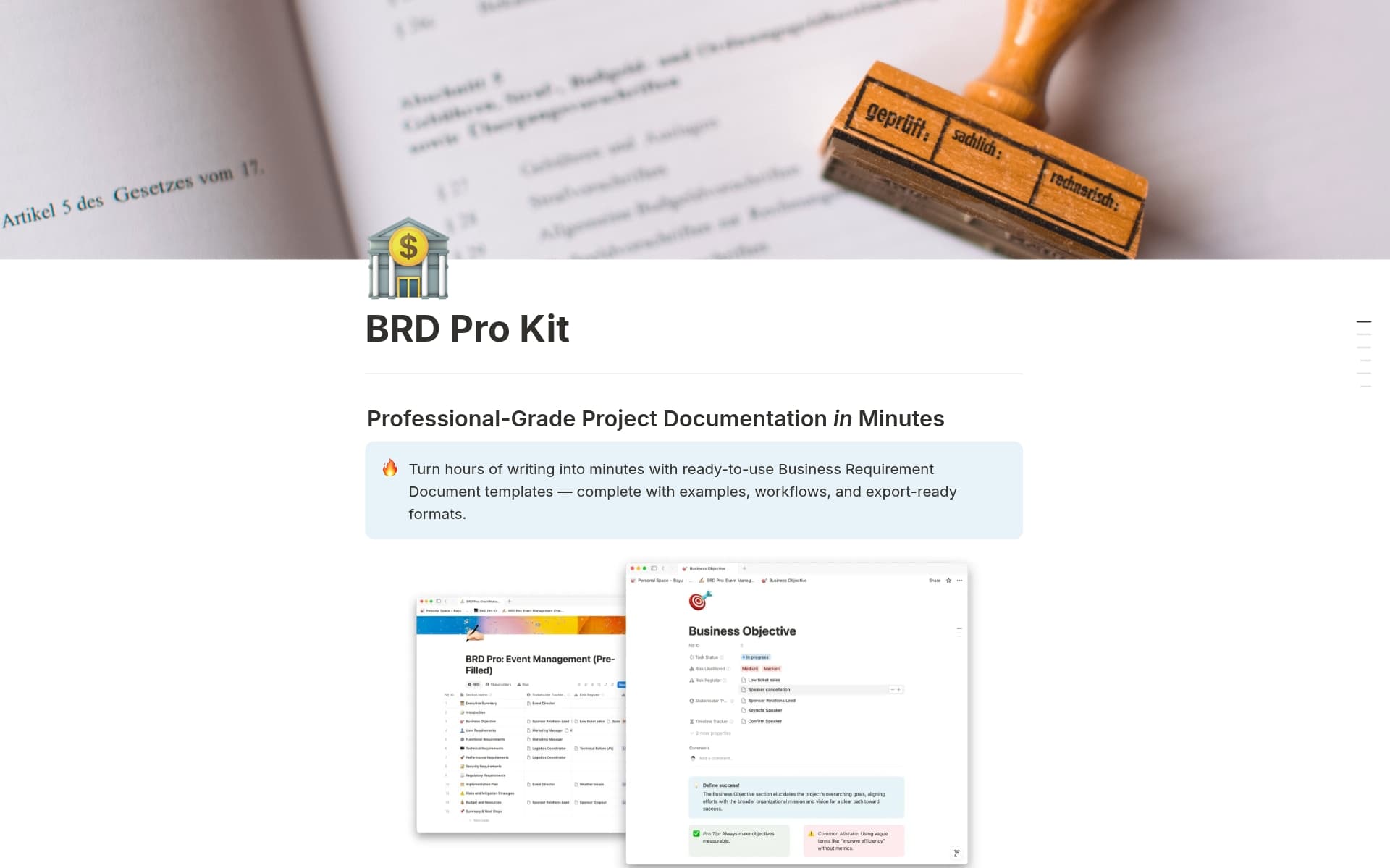A template preview for Business Requirement Documents (BRD) Pro Kit