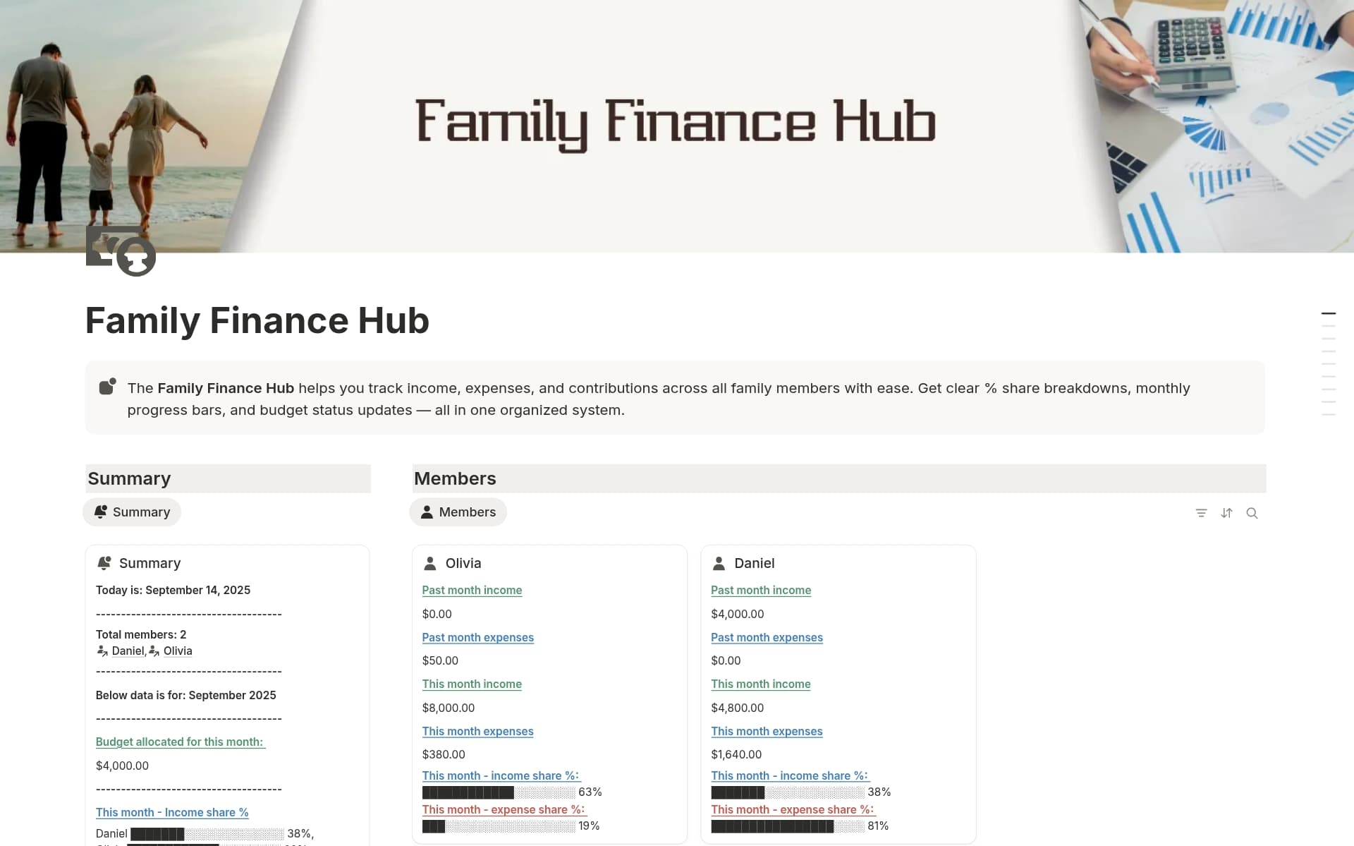 A template preview for Family finances hub
