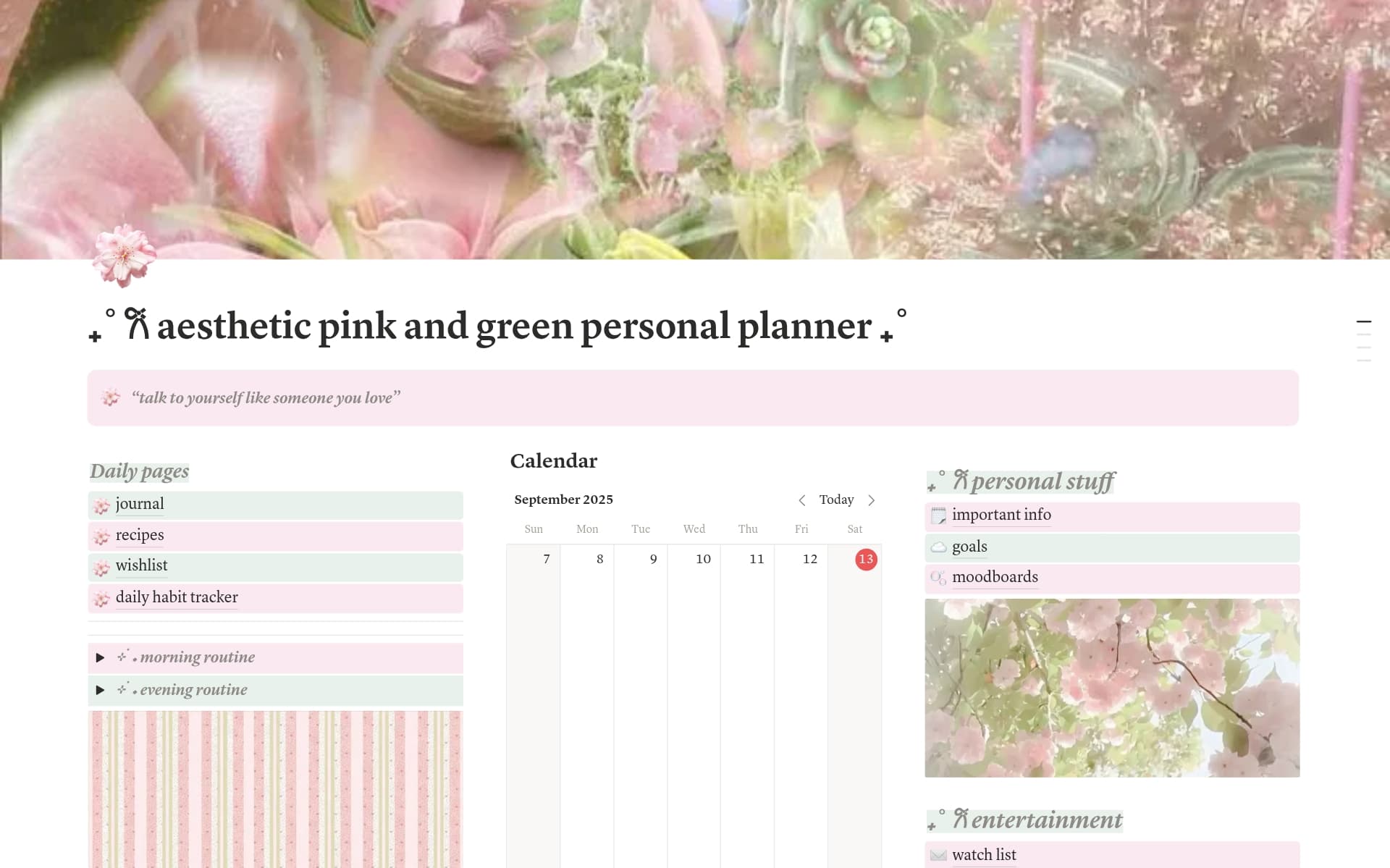 A template preview for aesthetic pink and green personal planner