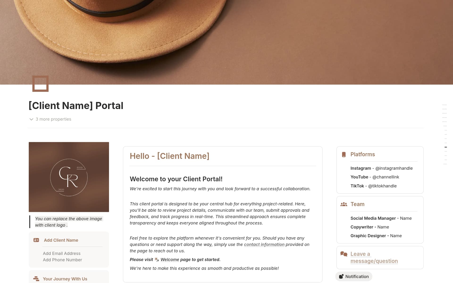 A template preview for Client Portal for Social Media Managers